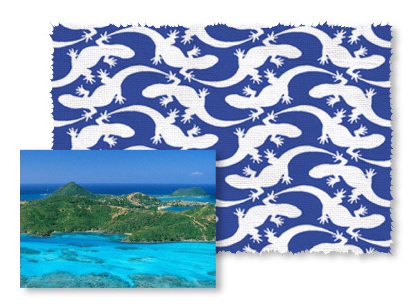 gecko island swimwear print featuring a blue and white pattern.