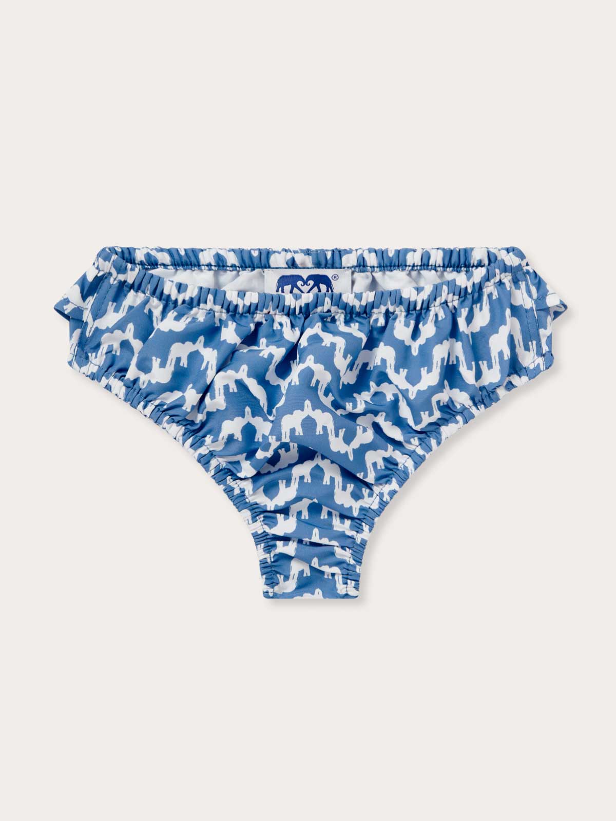 Front view of Girls Elephant Palace Blue Calabash Bikini Bottoms. White and blue bikini bottoms featuring elephant print.