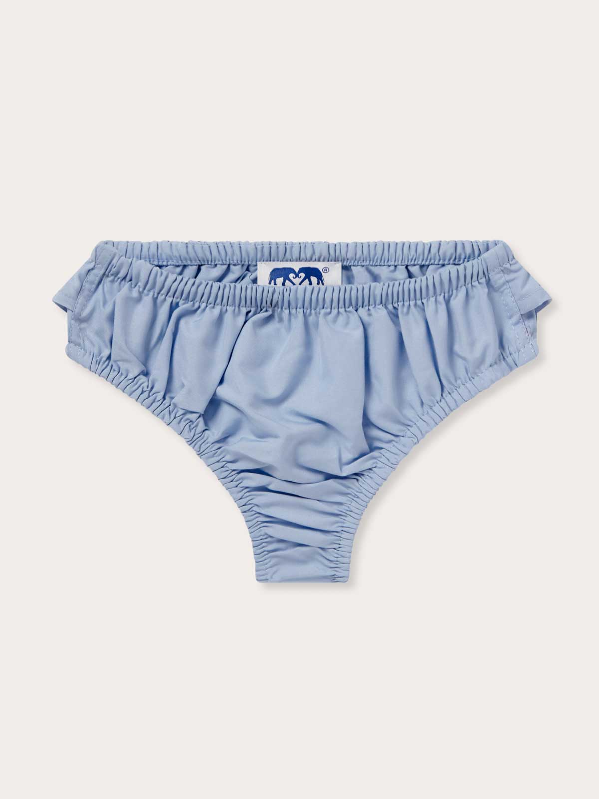 Front view of Girls Sky Blue Calabash Bikini Bottoms. Kids bikini made from 100% recycled material with quick-drying features.