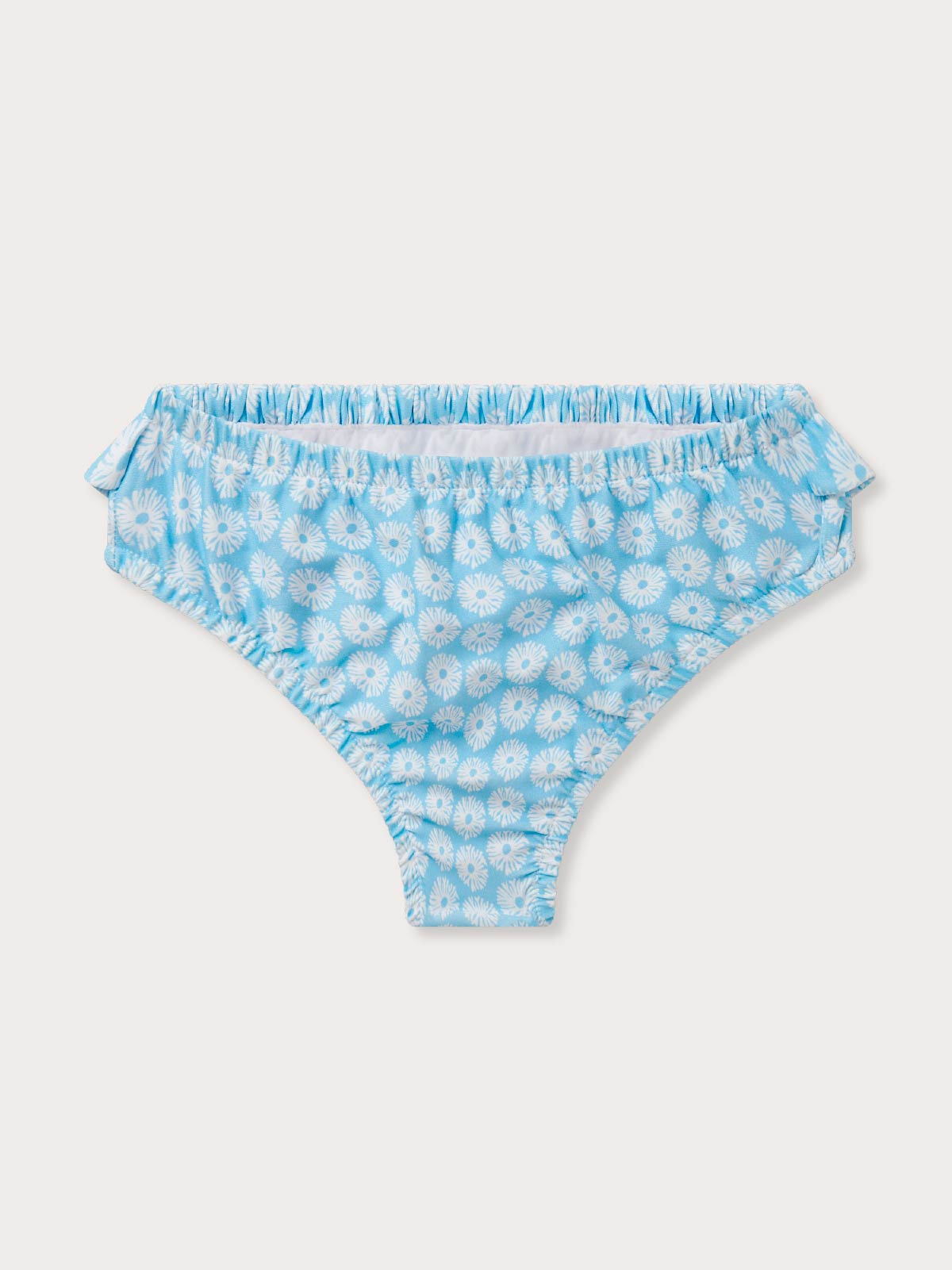 Front view of blue and white girls bikini bottoms with coral pattern.