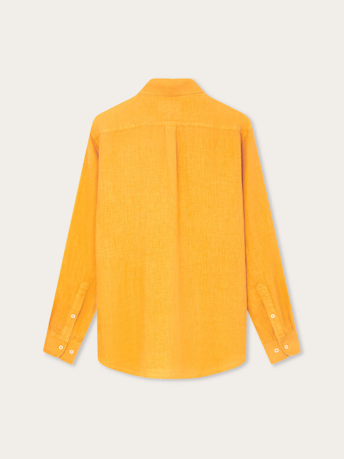 Back view of Men's Golden Hour Hoffman Linen Shirt in vibrant orange hue, featuring long sleeves and buttoned cuffs. Old money shirts crafted from 100% linen.