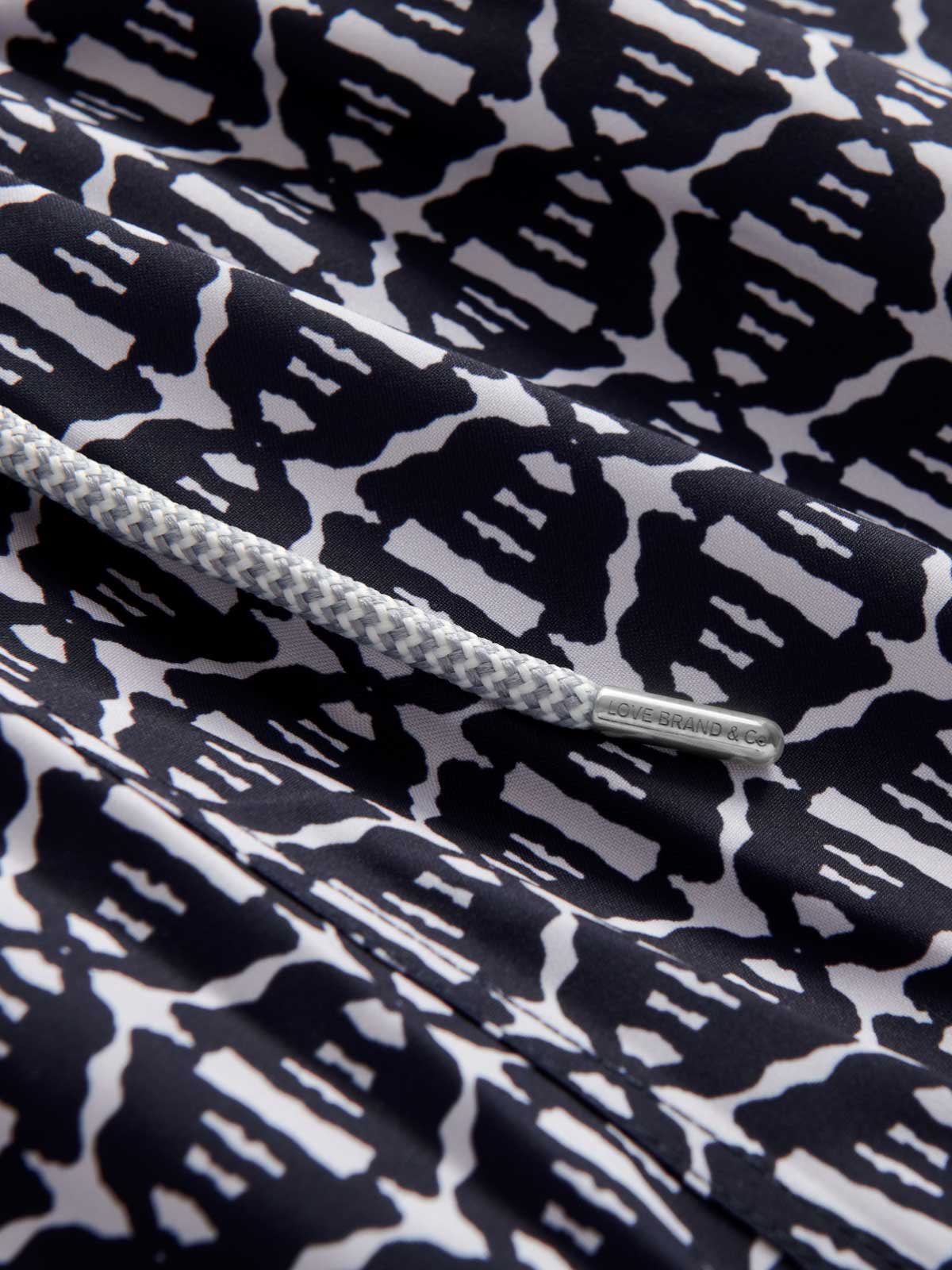 Detailed view of Men's Gorilla Gossip Staniel Swim Shorts showing navy and white pattern.