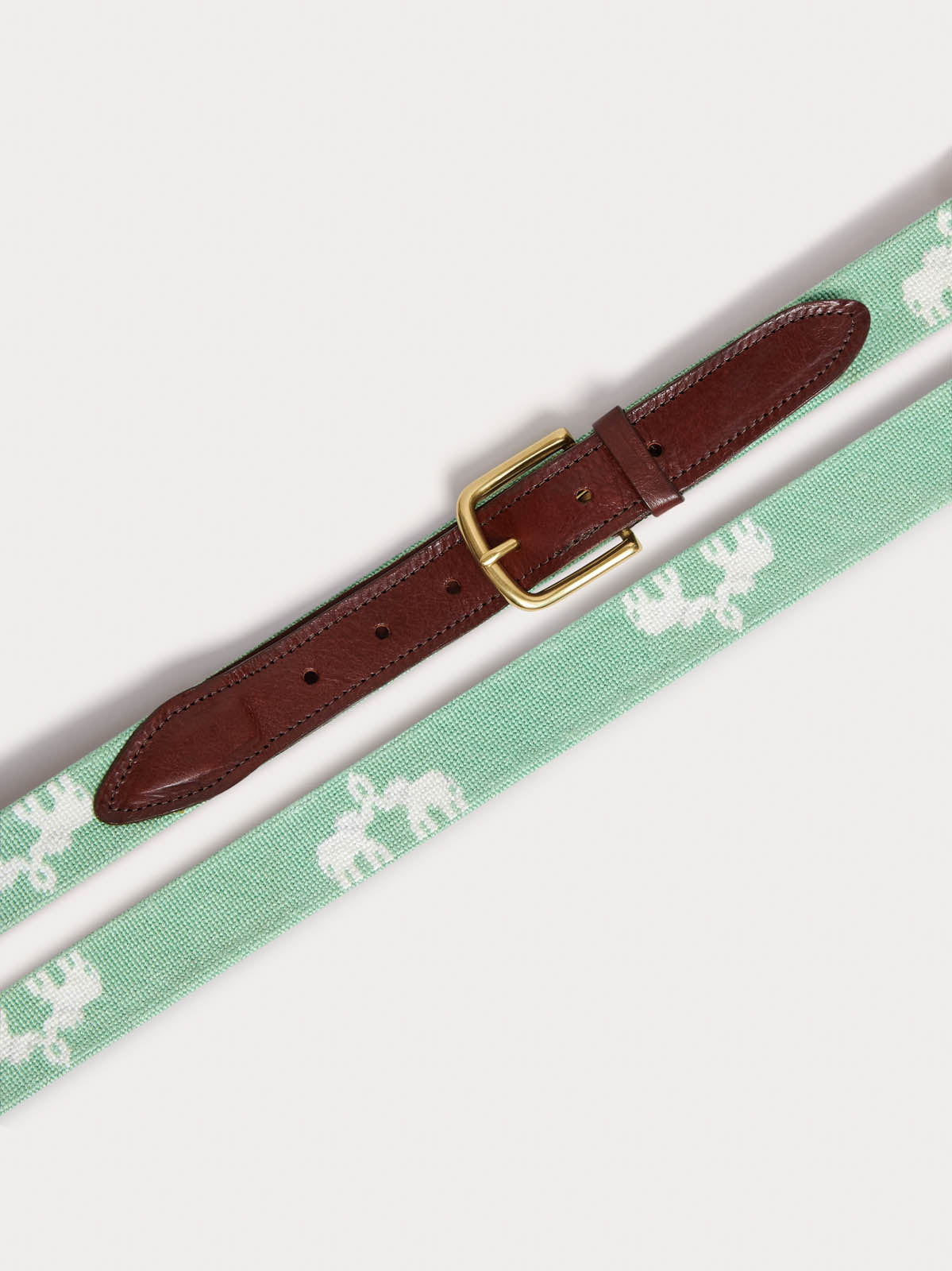 Front view of Needlepoint Belt - Elephant Palace Green. Leather belt featuring love brand elephant palace design in mint green.