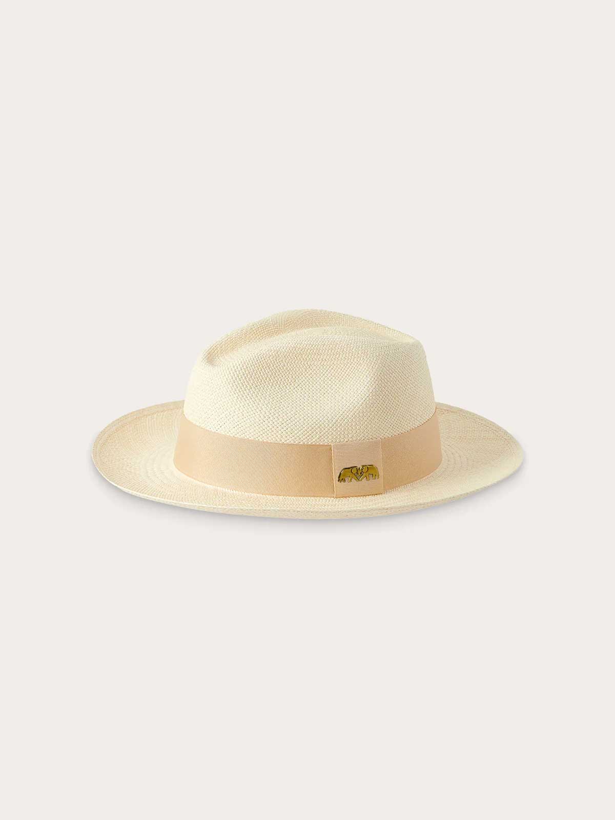Beige straw hat with a band on a light beige background