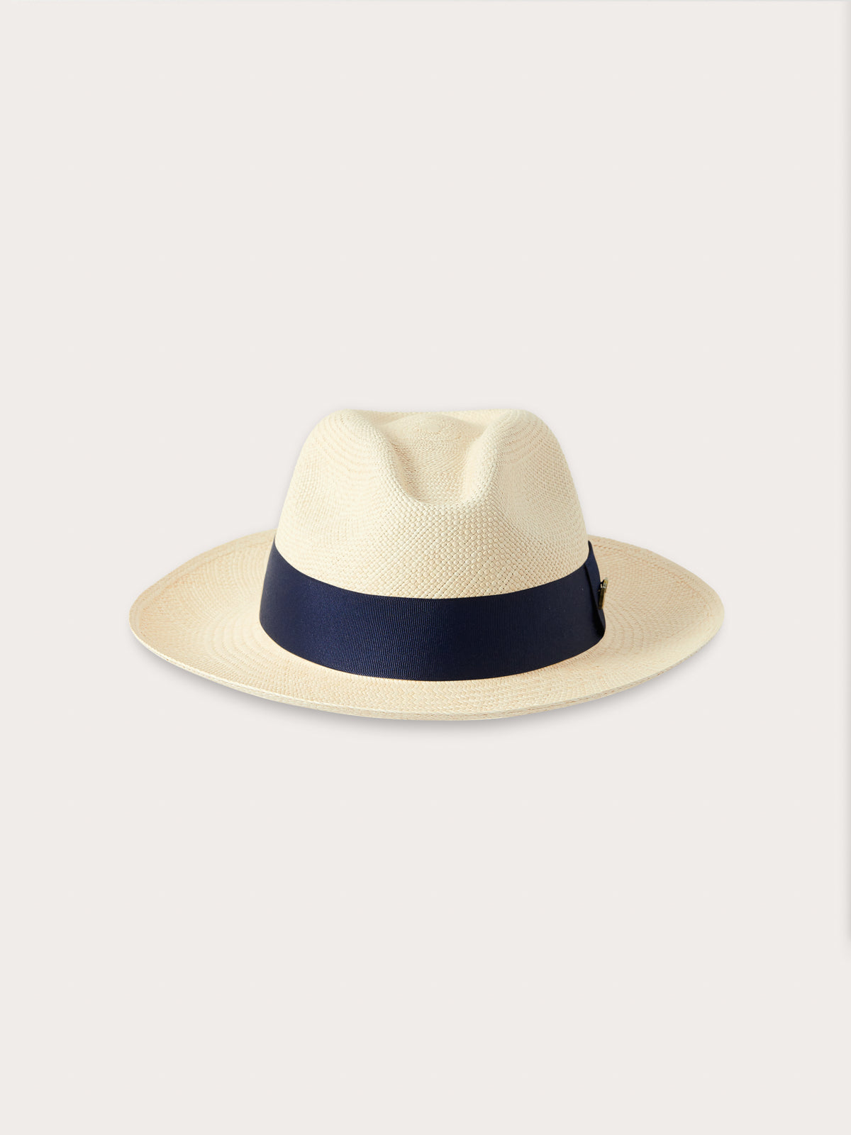 Front view of Kamalame Panama Hat with Navy Blue Band. Handcrafted Toquilla straw hat.