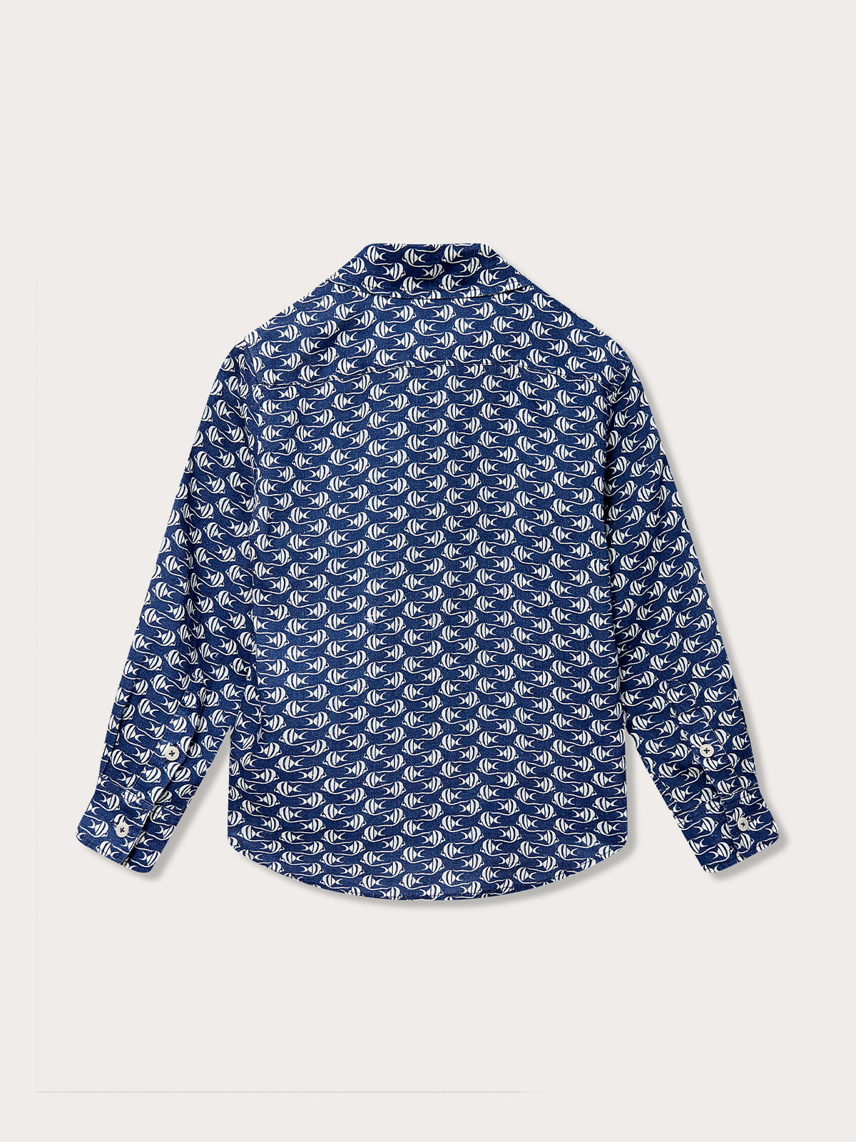 Back view of Boys Go With the Flow Abaco Linen Shirt featuring Moorish Idol fish print on deep blue background.