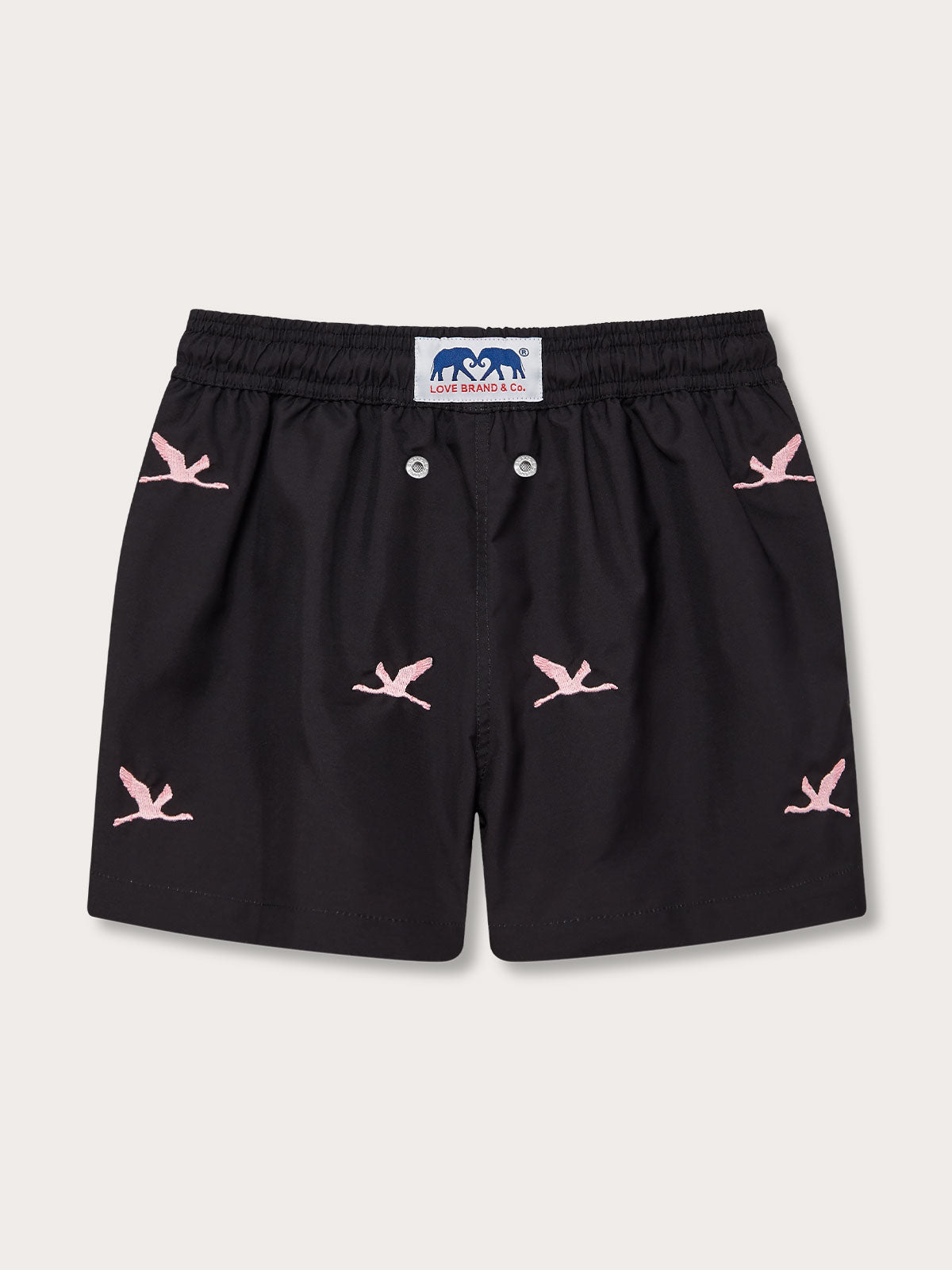 Boys Lake Nakuru Staniel Swim Shorts with pink flamingo design on black quick-drying fabric.