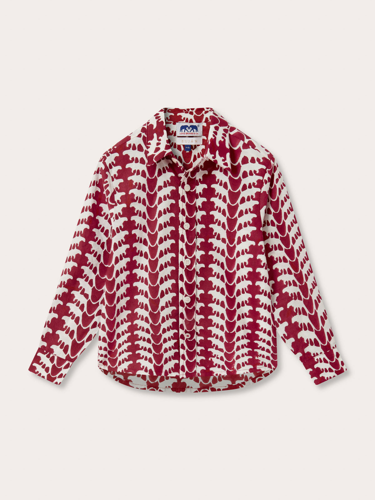 Front view of Kids Lurking Leopards Abaco Cotton Shirt. White and red leopard print shirt for children.