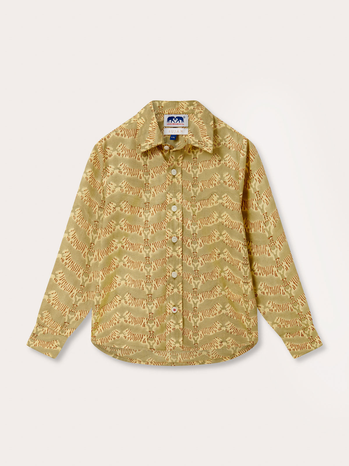 Front view of kids yellow and green Kids Tiger Land Abaco Cotton Shirt