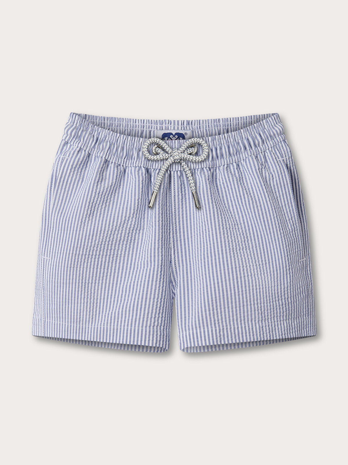Blue and white striped shorts with a bow drawstring on a light grey background