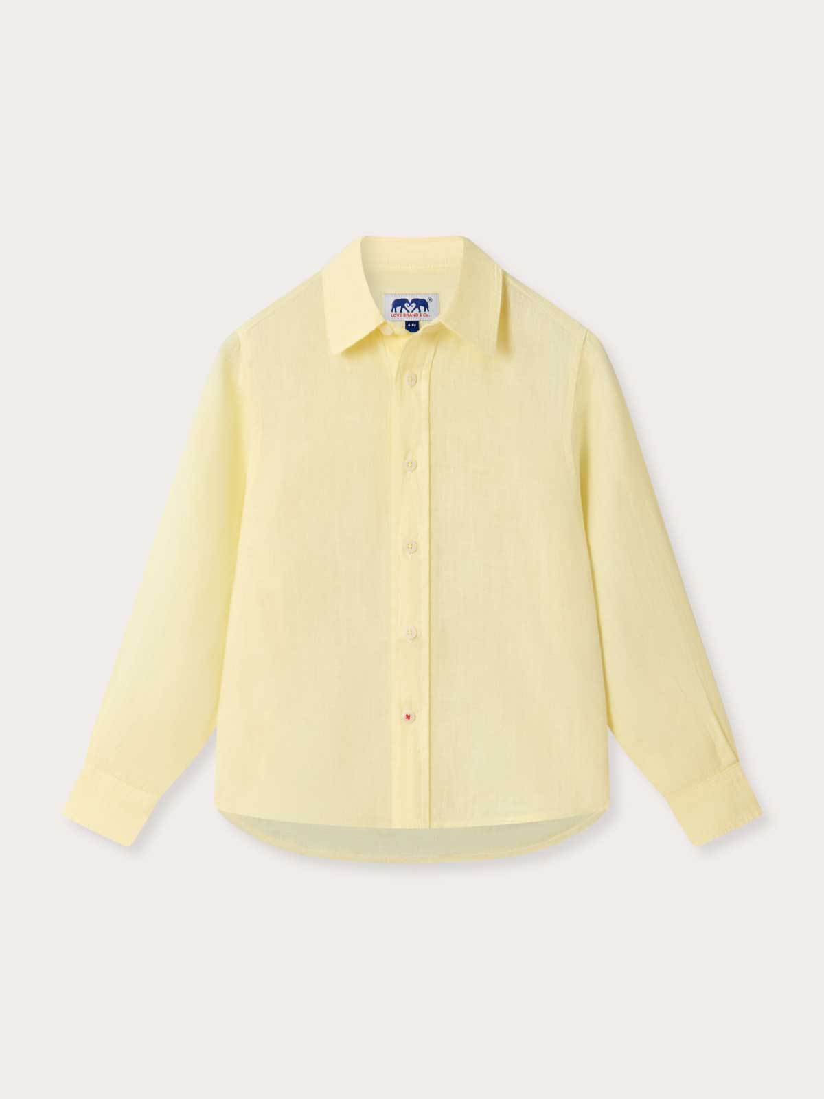 Front view of Kids Limoncello Abaco Linen Shirt. Childrens yellow shirt crafted from 100% linen with long sleeves.