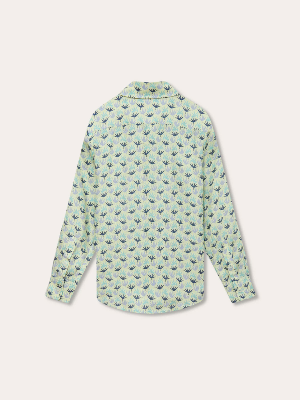 Boys Palm Sugar Abaco Linen Shirt featuring tropical fan palm patterns in sky blue, aqua green, and deep blue on a limoncello yellow base, back view.