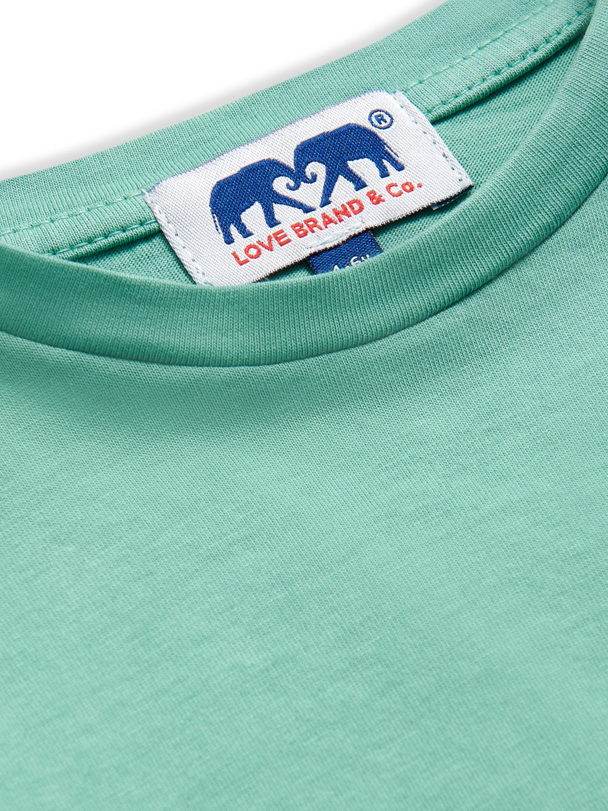 Close-up view of the neckline and label on the Boys Riviera Green Lockhart T Shirt made from 100% cotton.