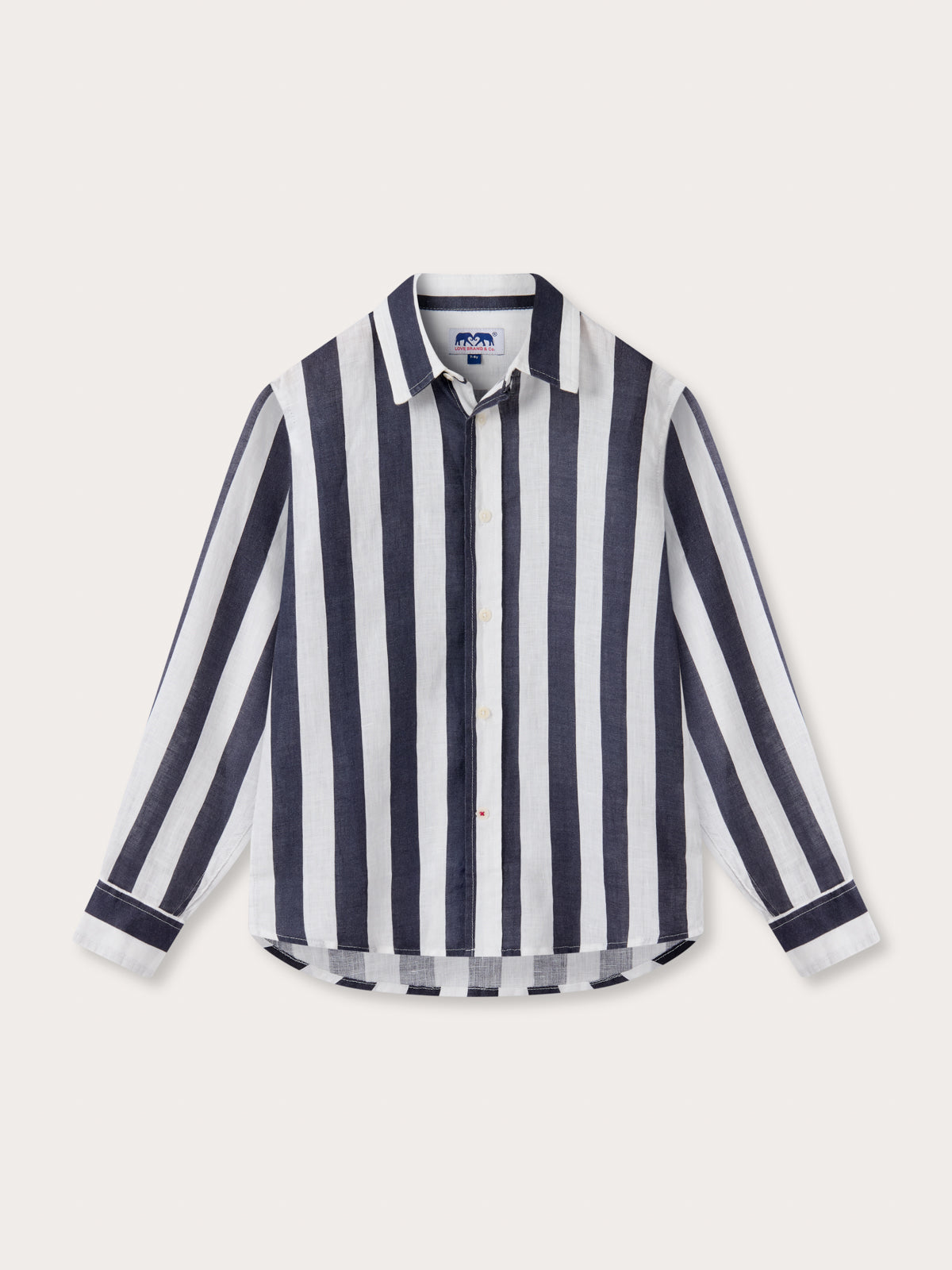 Front view of Kids Navy Lines Abaco Linen Shirt with long sleeves and navy blue thin stripes.