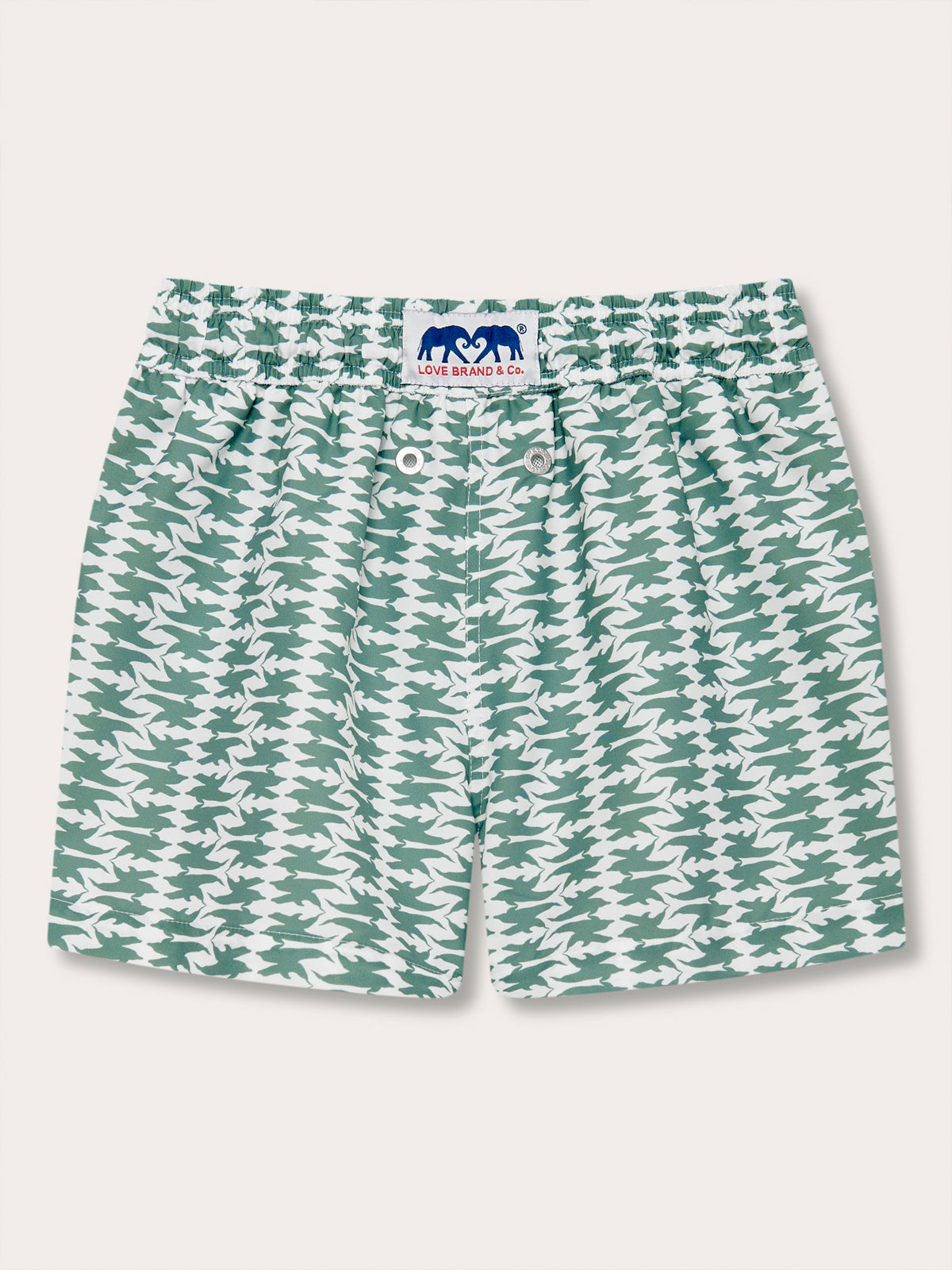 Boys Dolphins of Greece Staniel Swim Shorts - Green and white patterned swim shorts made from 100% recycled polyester, featuring nickel-free eyelets and drawstring terminals.