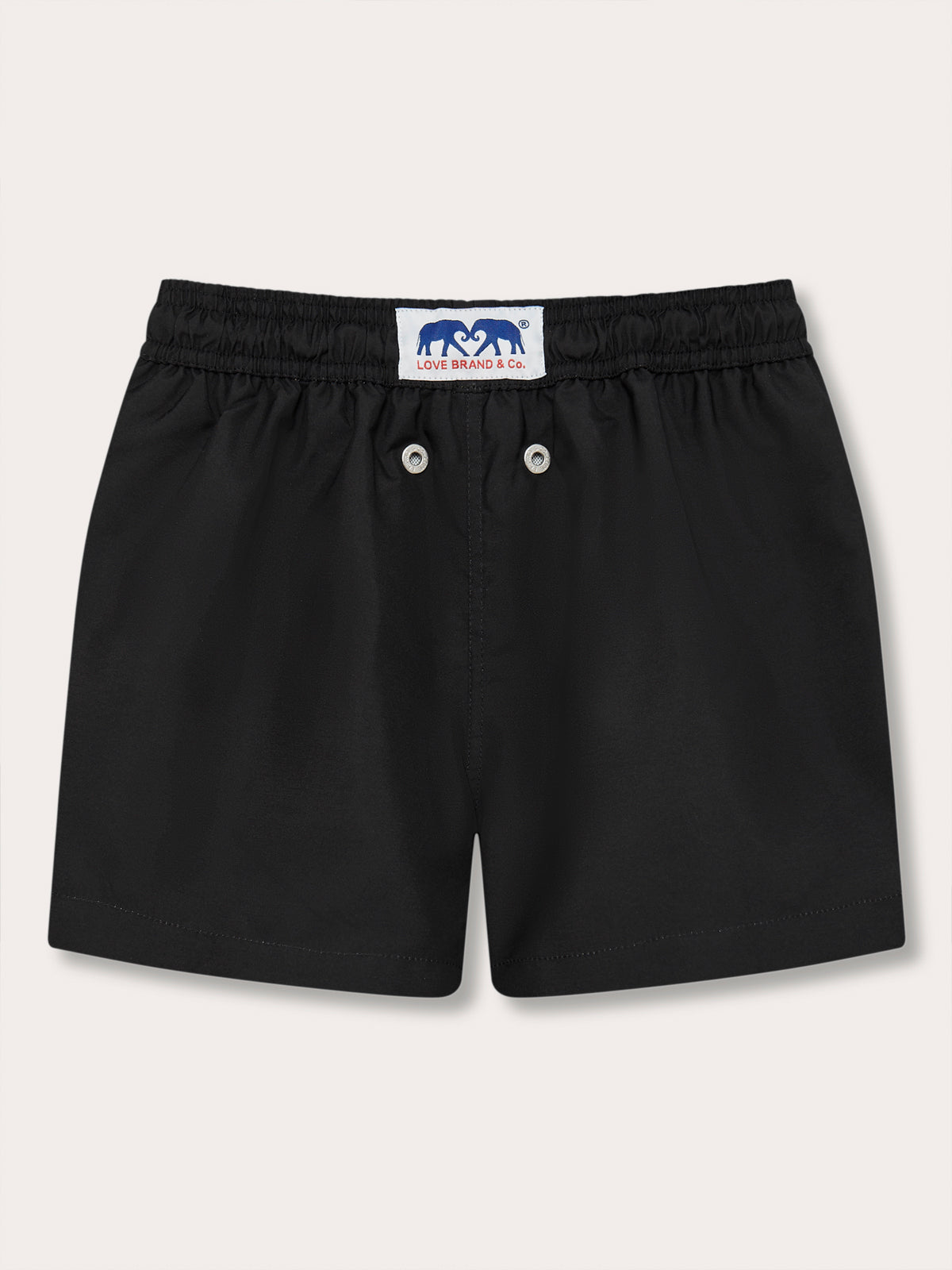 Boys Volcanic Black Staniel Swim Shorts front view with Love Brand & Co. logo.