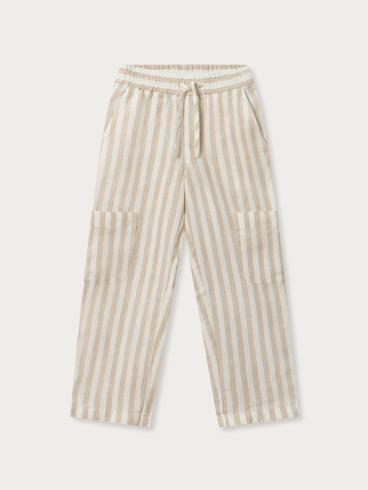 Front view of Kids Coconut Stripe Eleuthera Linen Trousers. Brown and white childrens trousers with pockets.