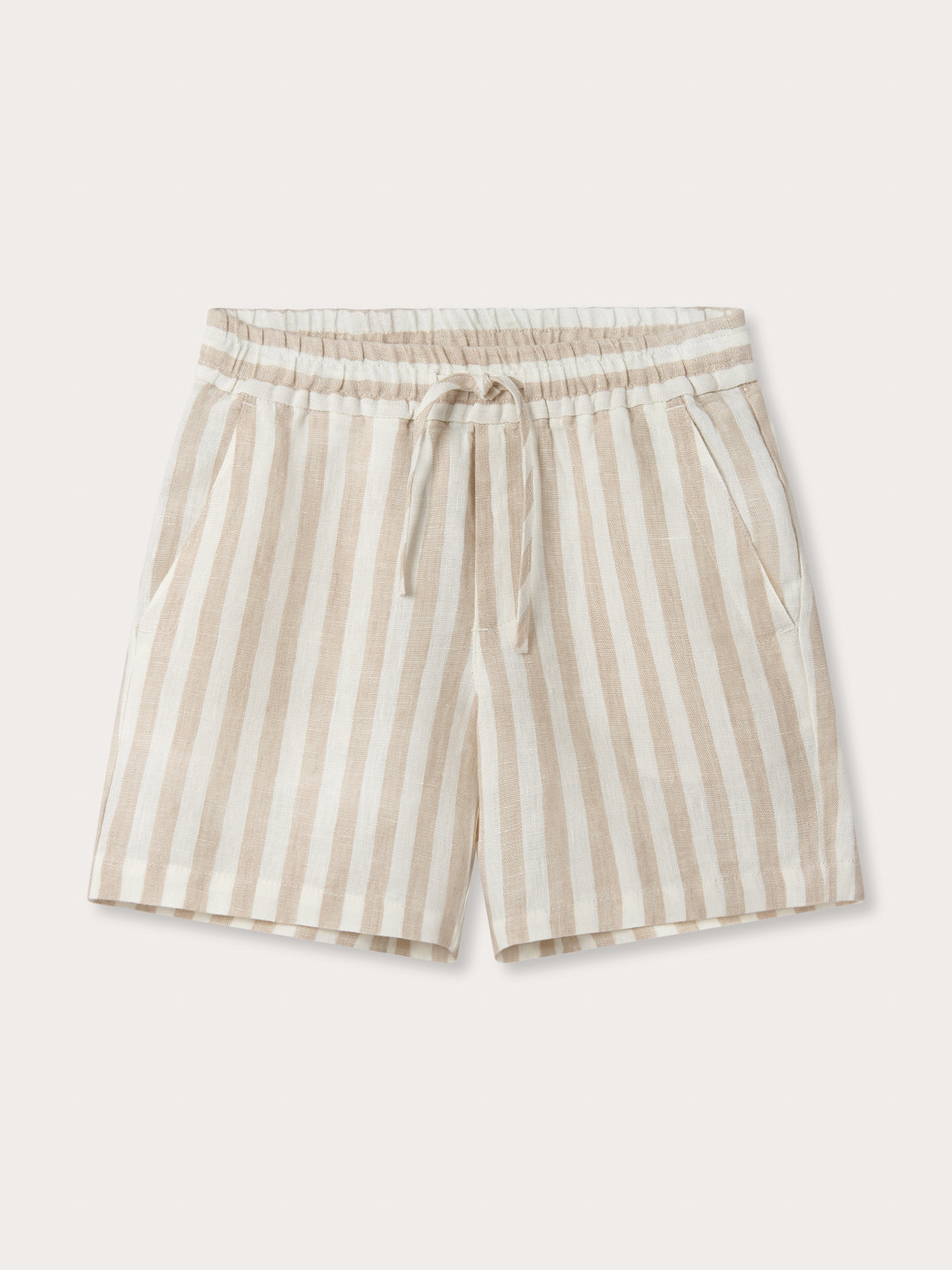 Front view of Kids Coconut Stripe Joulter Linen Shorts. Brown and white striped shorts for children made from 100% linen.