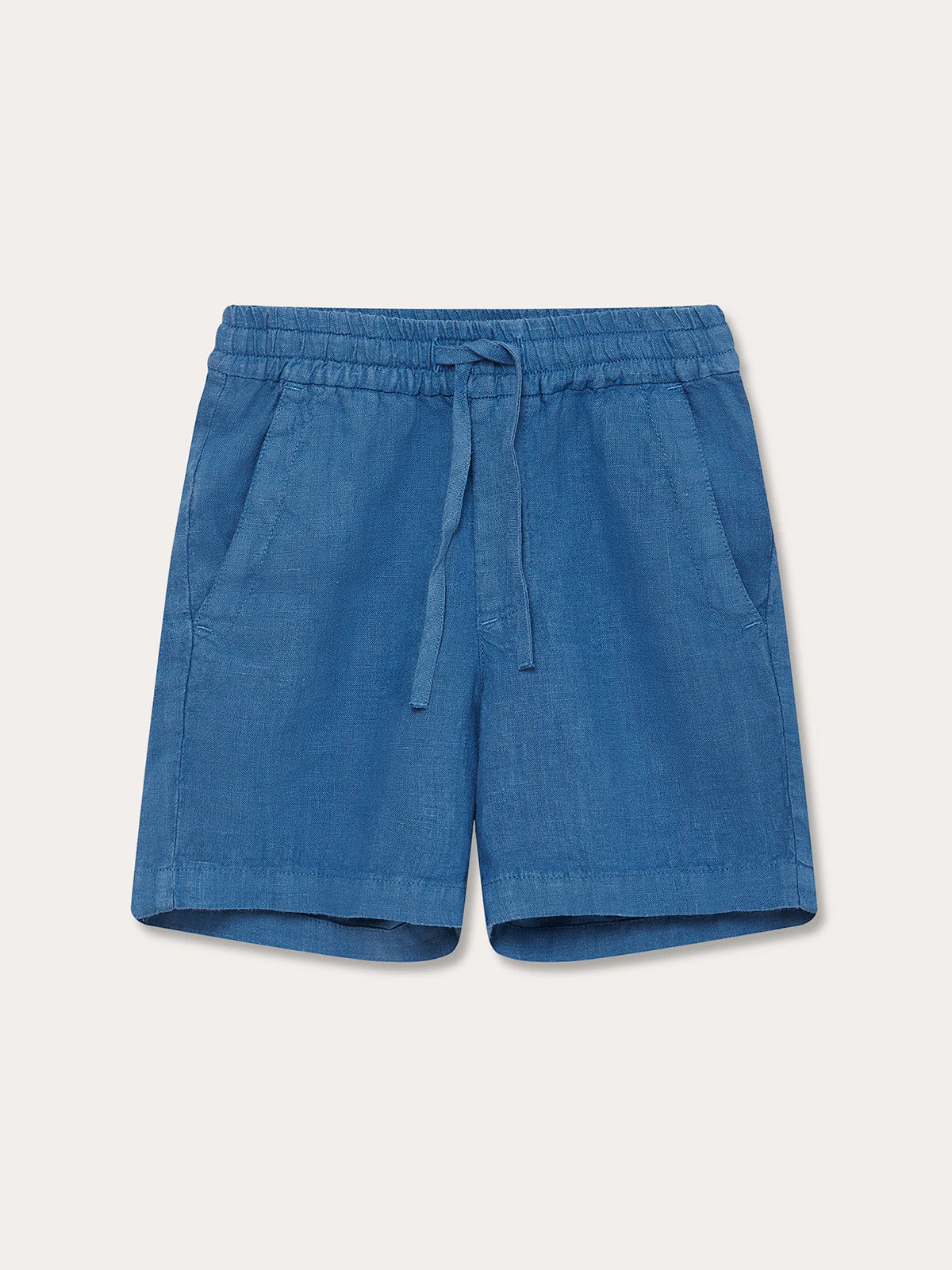 Front view of Kids Deep Blue Joulter Linen Shorts. Deep blue shorts for kids made from 100% linen.