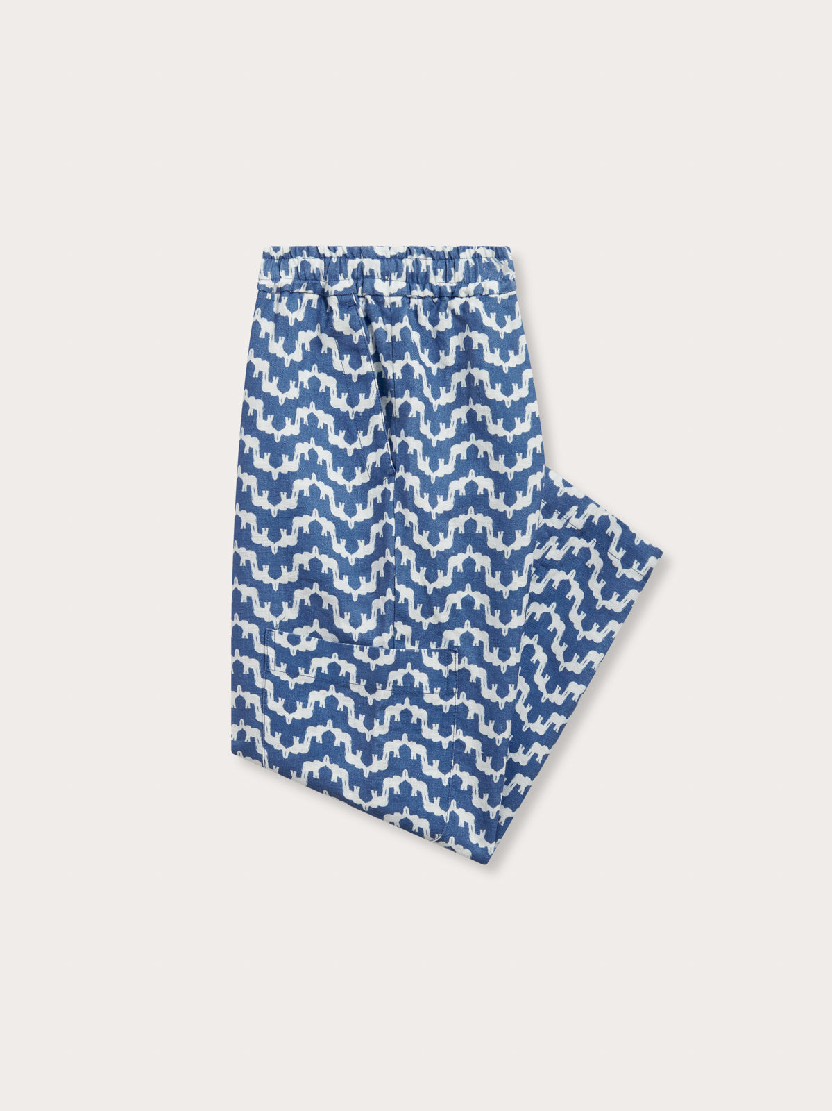 Side view of Kids Elephant Palace Blue Eleuthera Linen Trousers. Kids linen trousers with 4 pockets.