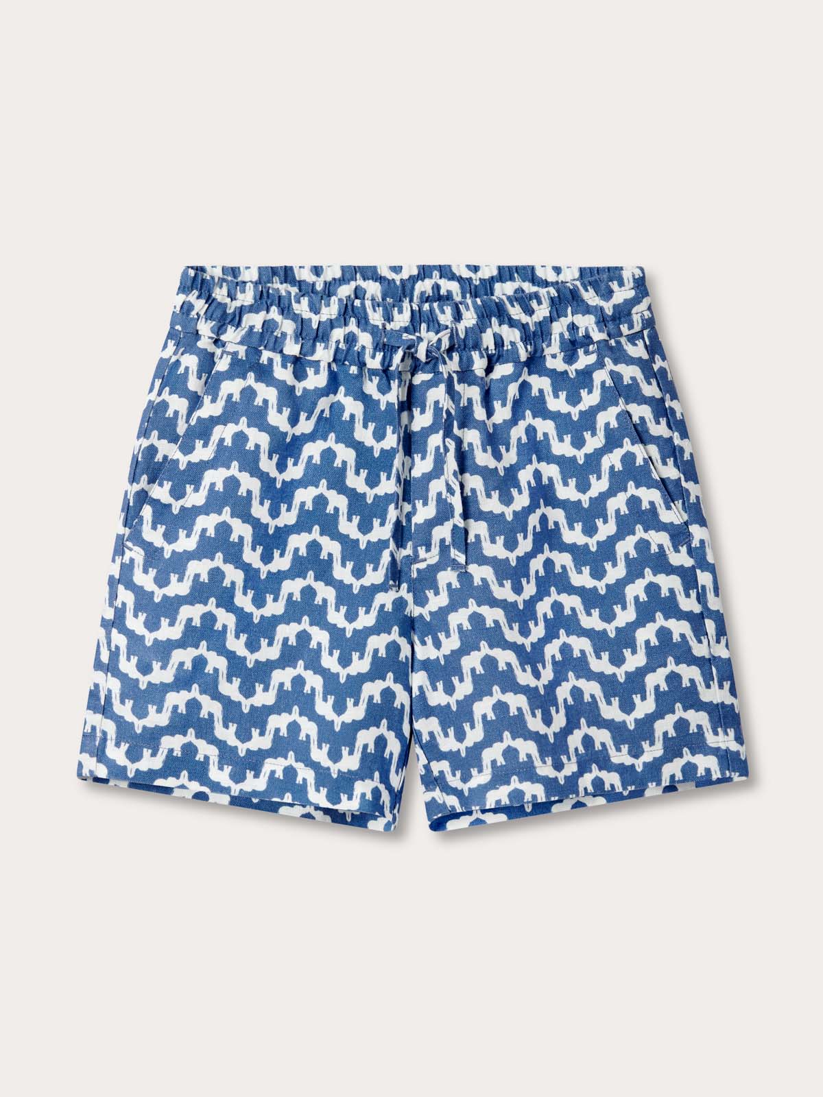 Boys Elephant Palace Blue Joulter Short with white and blue patterned design.