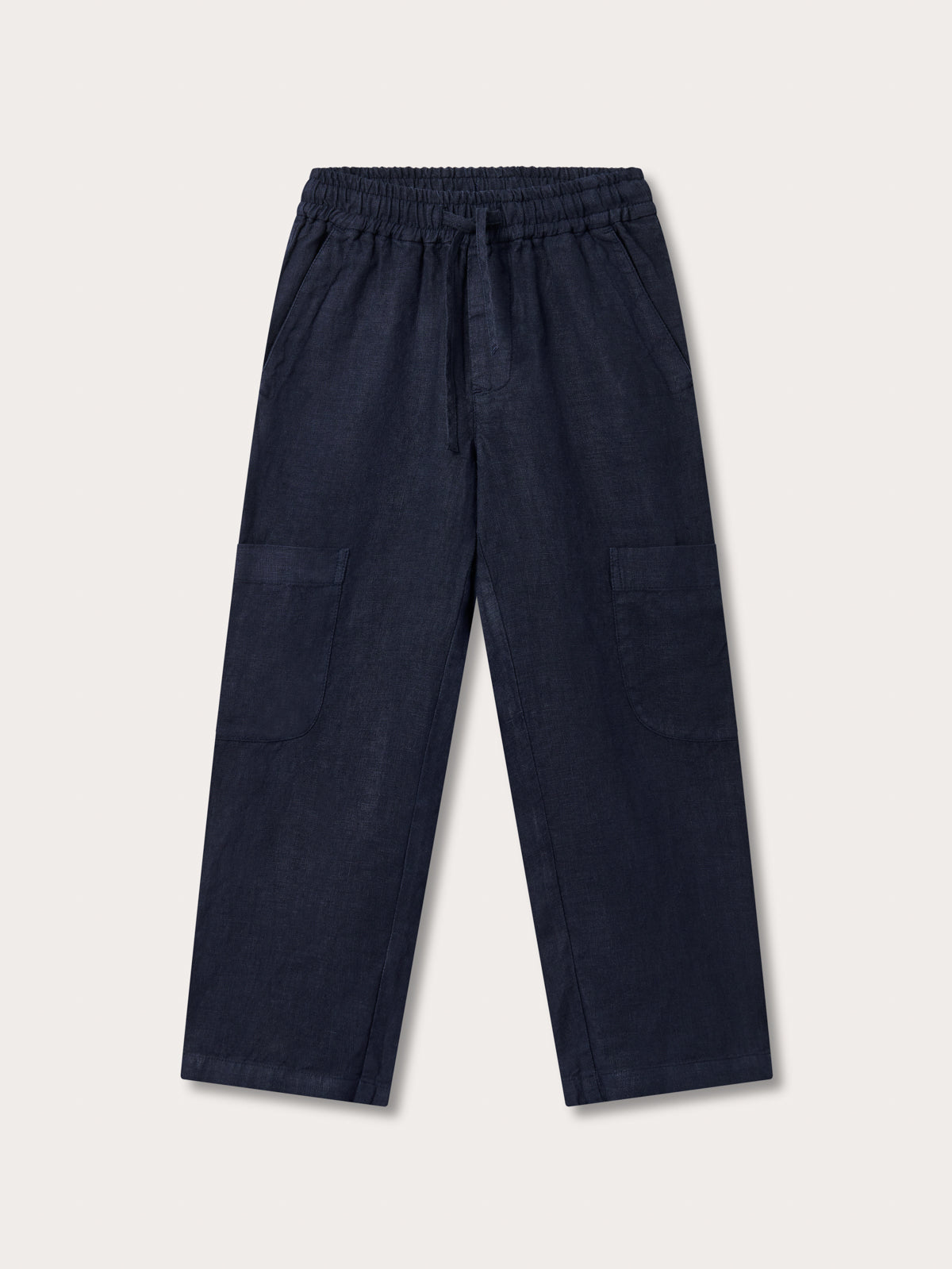 Front view of Kids Navy Blue Eleuthera Linen Trousers. Blue linen trousers for kids.