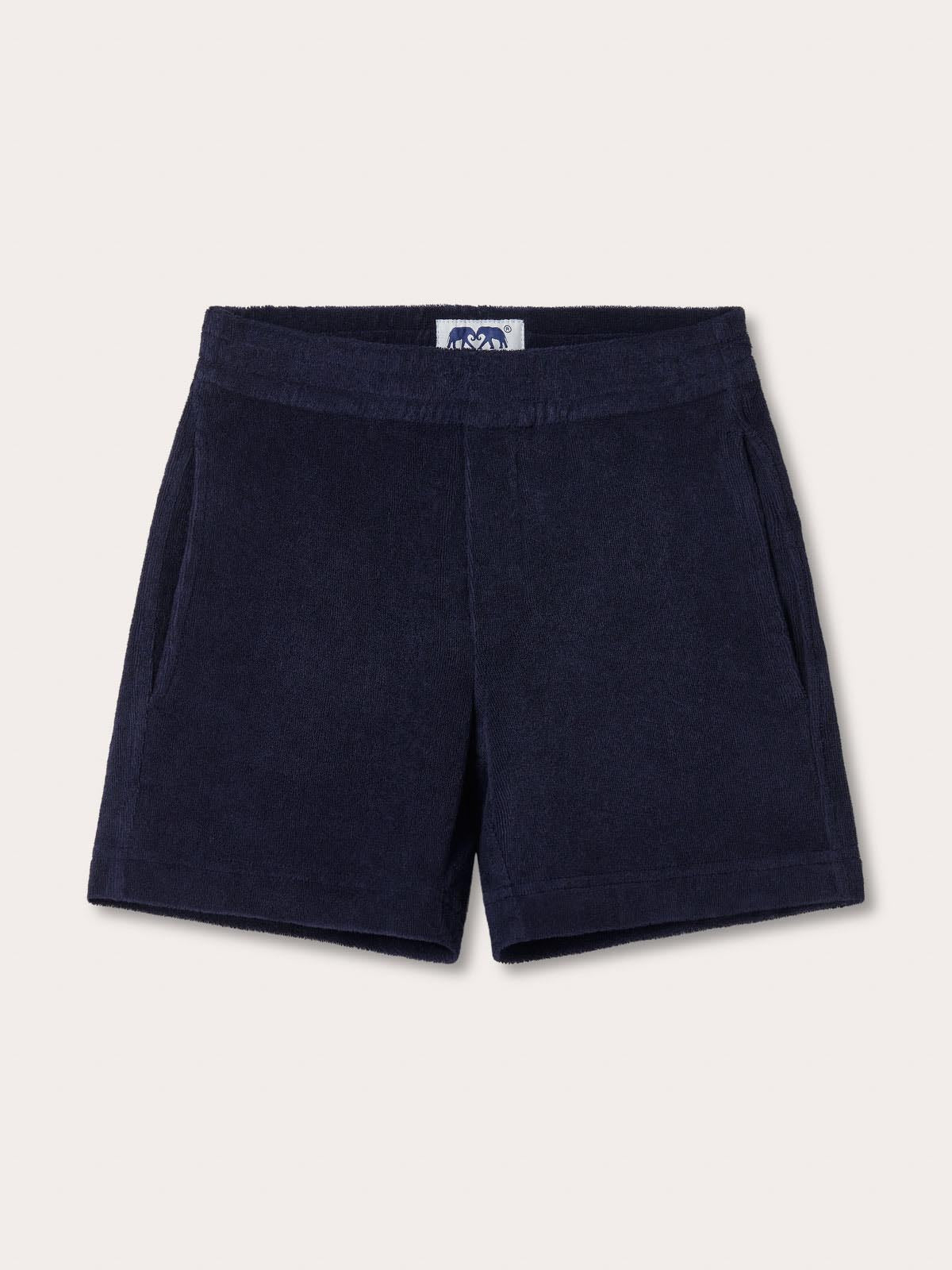 Front view of Kids Navy Blue Holmes Terry Shorts. Designer shorts for kids made from 100% cotton terry towelling.