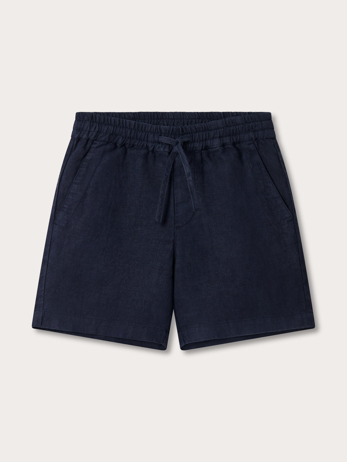 Front view of Kids Navy Blue Joulter Linen Shorts. Blue kids shorts made from 100% linen.
