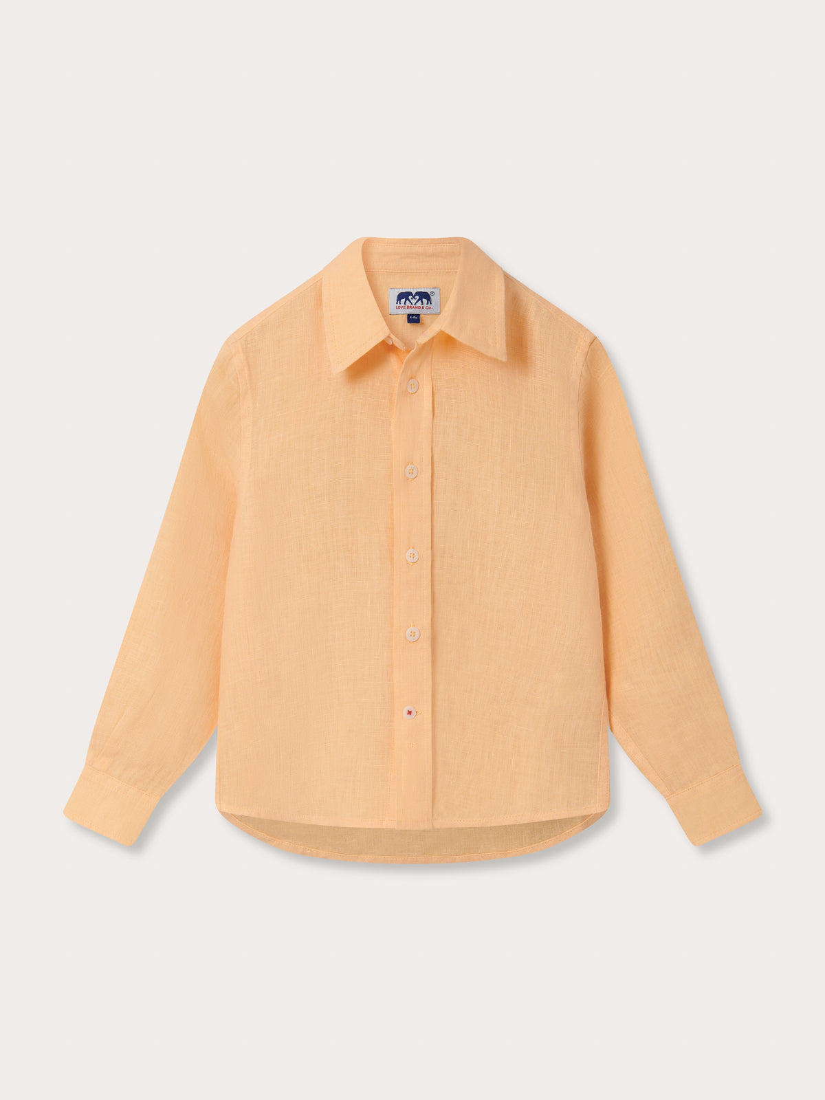 Front view of Kids Orange Sorbet Abaco Linen Shirt. Long-sleeved kids shirt.