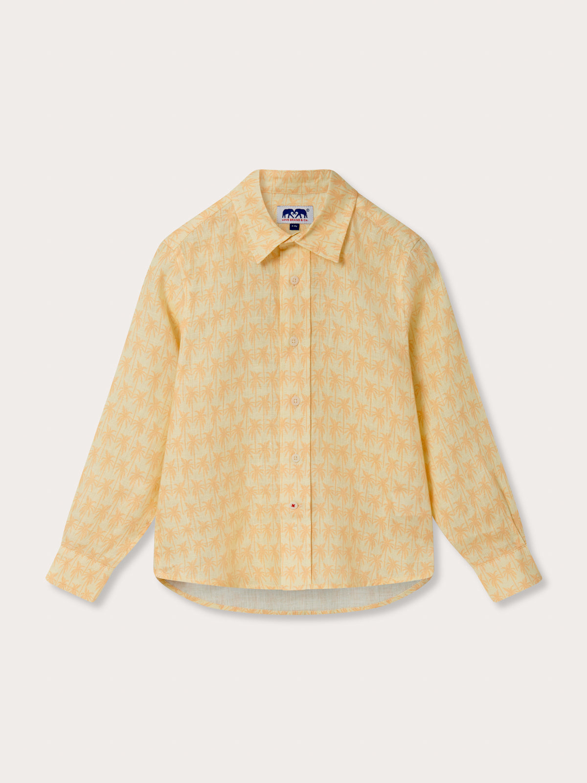 Front view of Kids Palm Sundowner Abaco Linen Shirt. Orange and yellow long-sleeved line shirt for children.