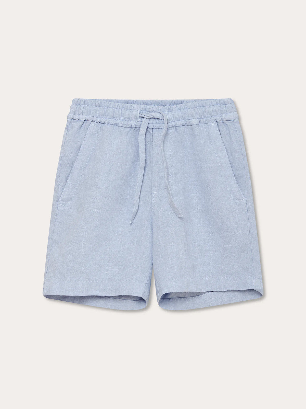 Kids Sky Blue Joulter Linen Shorts. Sky blue kids shorts with pockets and drawstring, made from 100% linen.