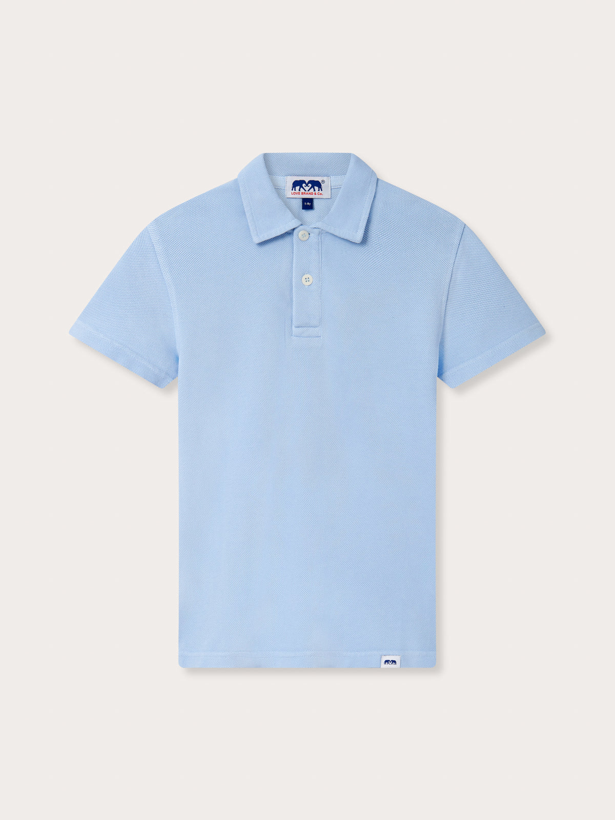 Front view of Kids Sky Blue Pensacola With Tab Polo Shirt. Light blue polo shirt for kids with short sleeves.