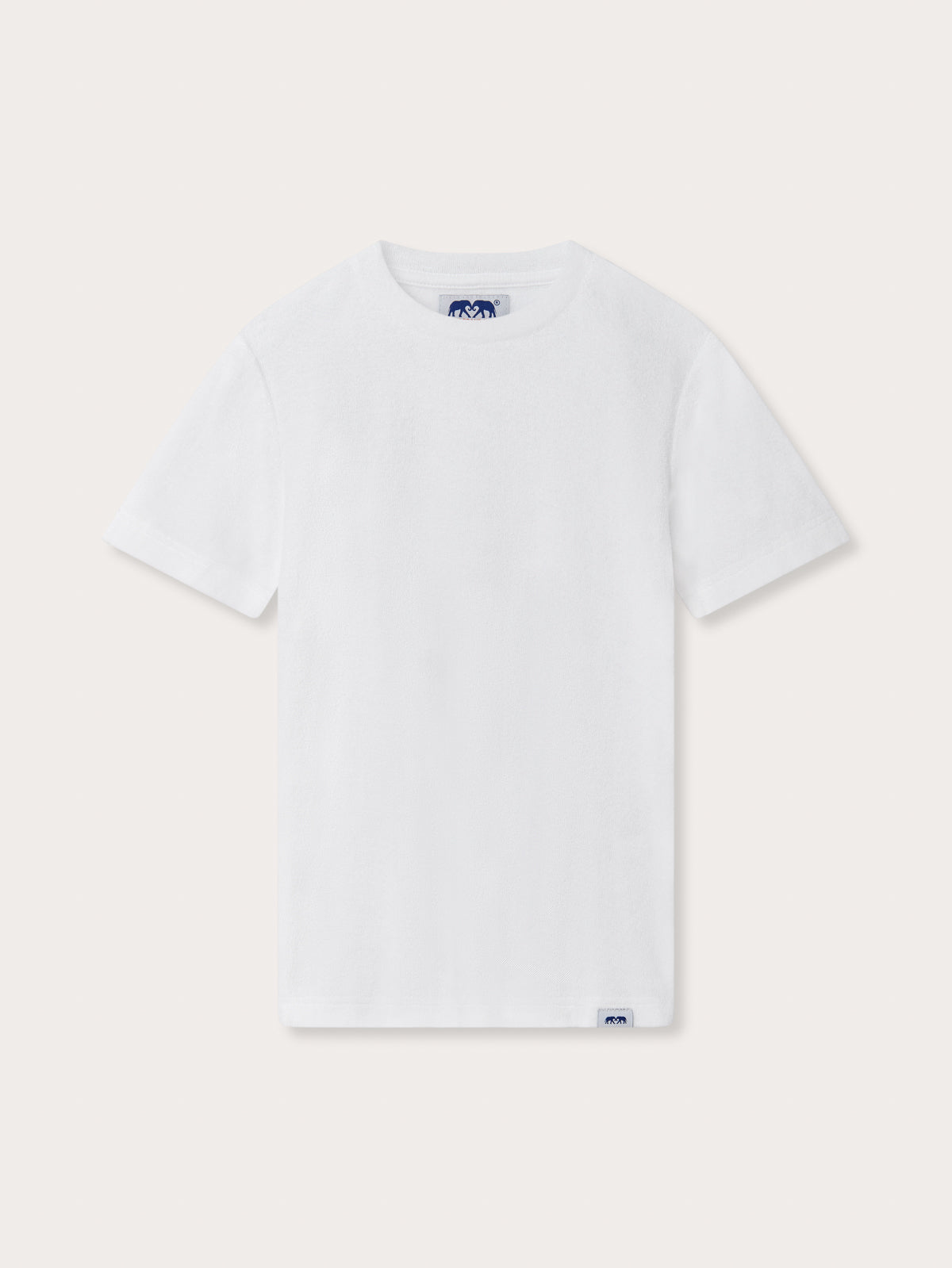 Front view of Kids White Russell Terry T-Shirt. Kids plain white tee.