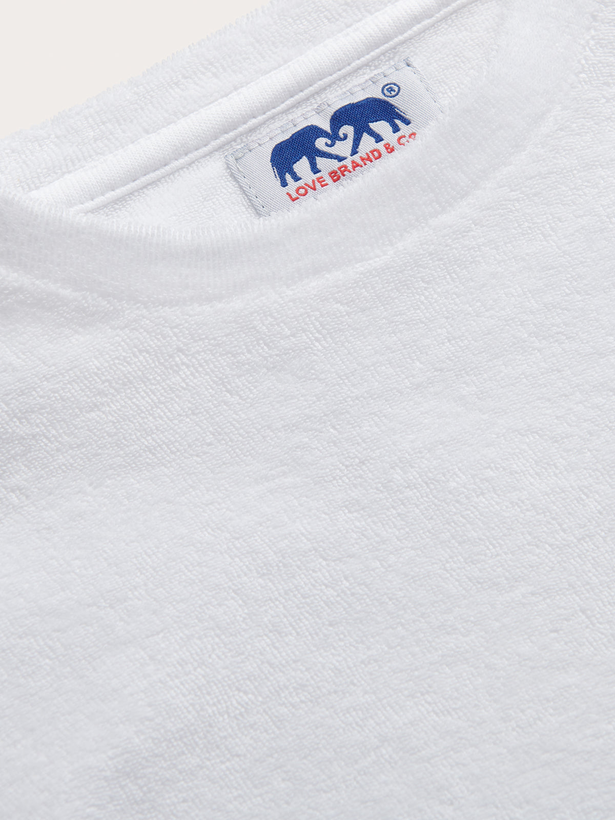 Detailed view of Kids White Russell Terry T-Shirt. Childrens plain white tee.