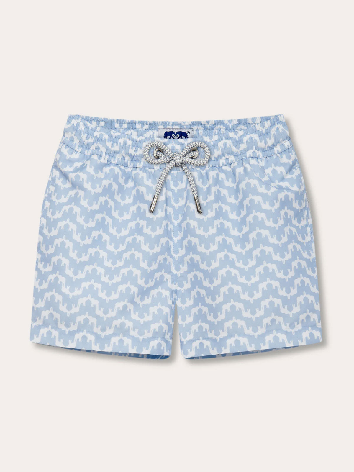 Boys Elephant Palace Sky Staniel Swim Shorts in light blue with elephant and palace print and a white drawstring.