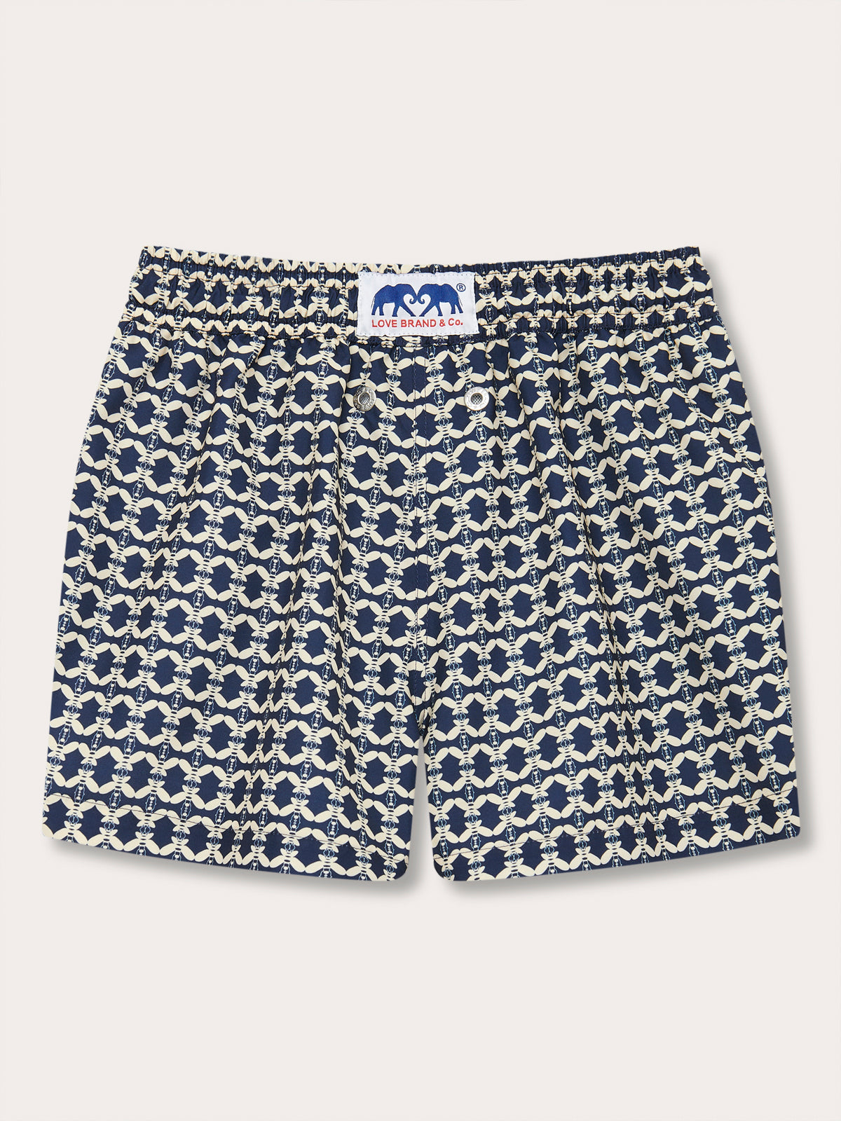 Boys Bee Propelled Staniel Swim Shorts with bee-inspired print on a deep blue base.