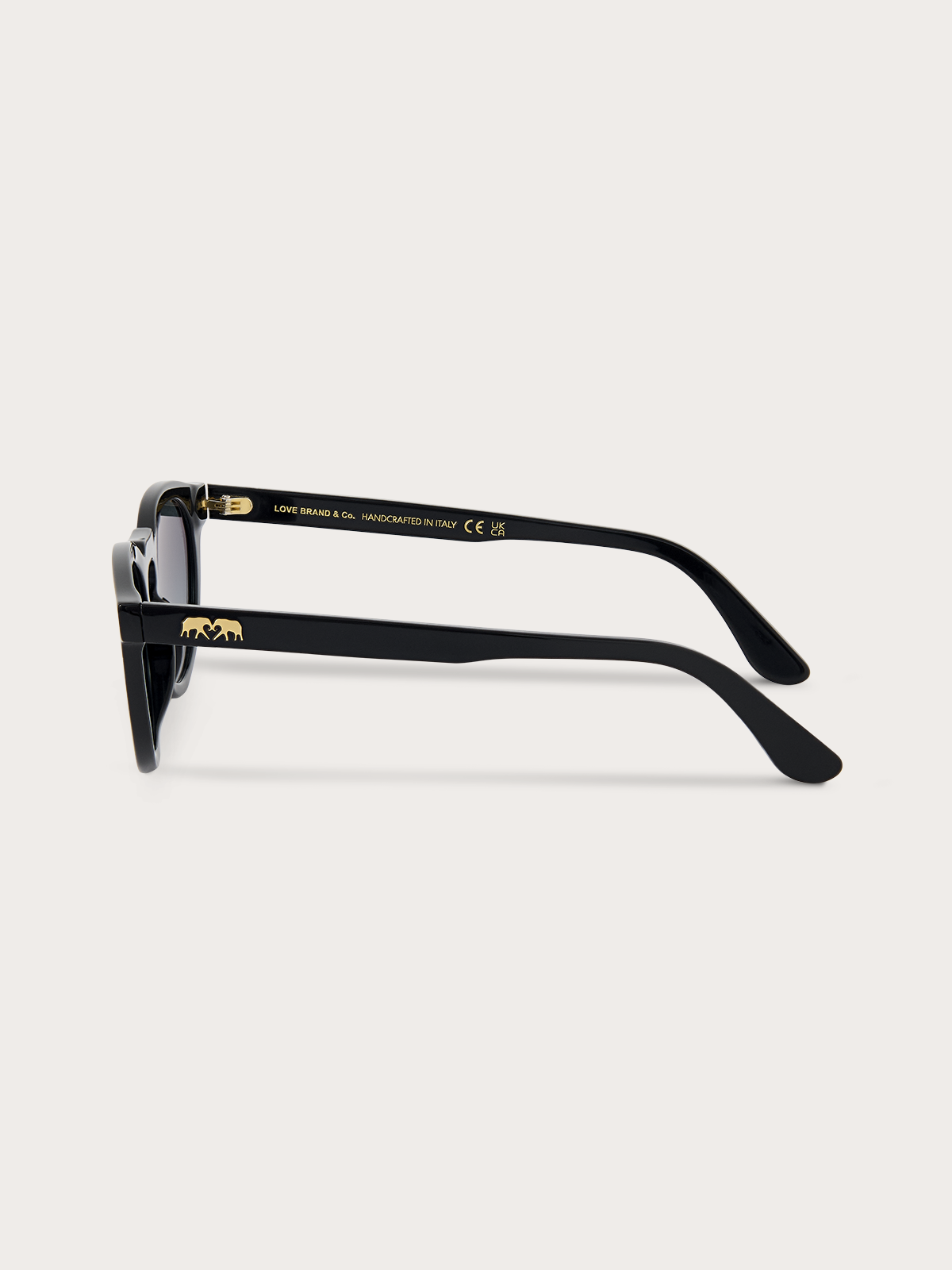 Side view of black sunglasses with gold accents on a white background