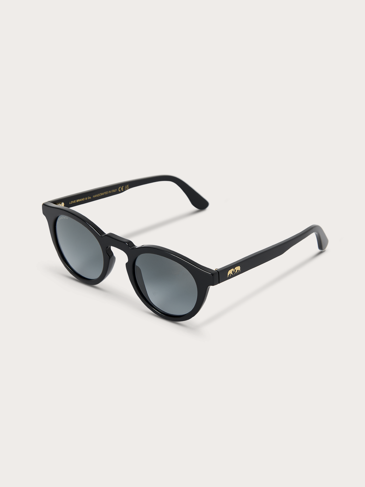 Black sunglasses with a gold logo on a white background