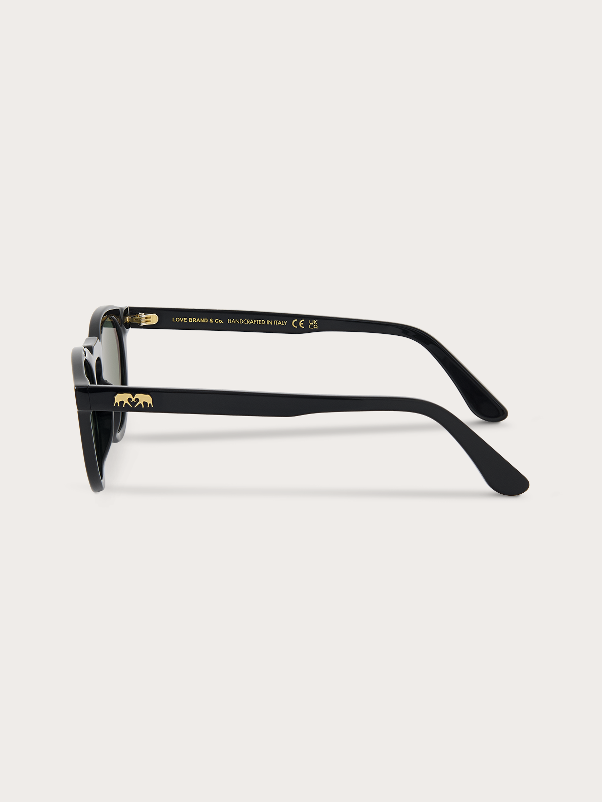 Side view of black sunglasses with a gold logo on a white background