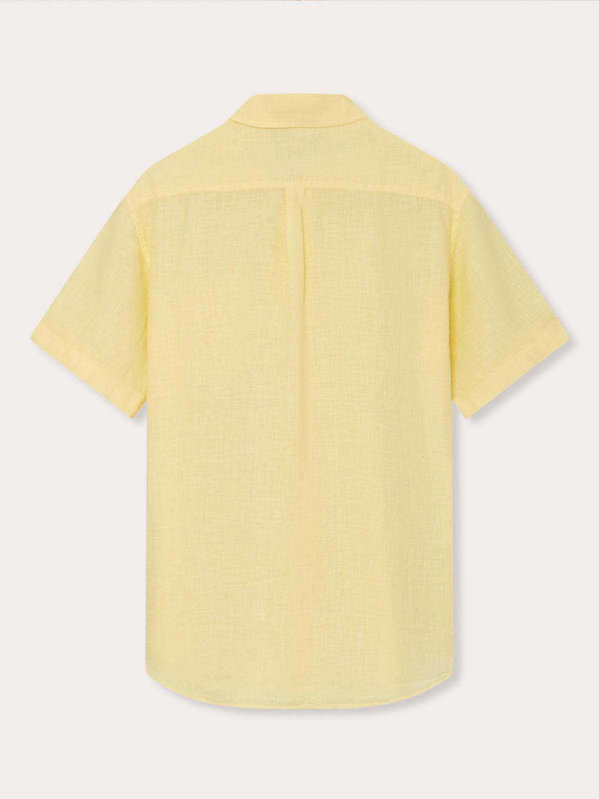 Back view of Men's Limoncello Manjack Linen Shirt with short sleeves and a classic design in light yellow linen fabric.