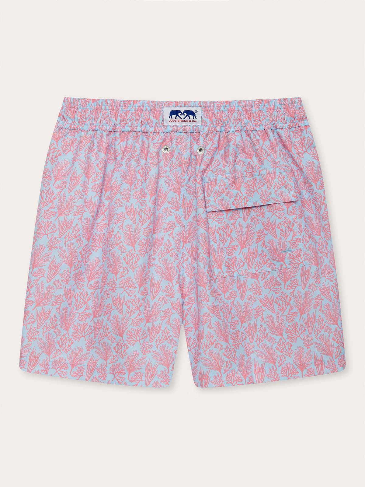 Men's Crazy Coral Staniel Swim Shorts with pink and blue tropical coral print, inspired by Bahamian coral reefs.