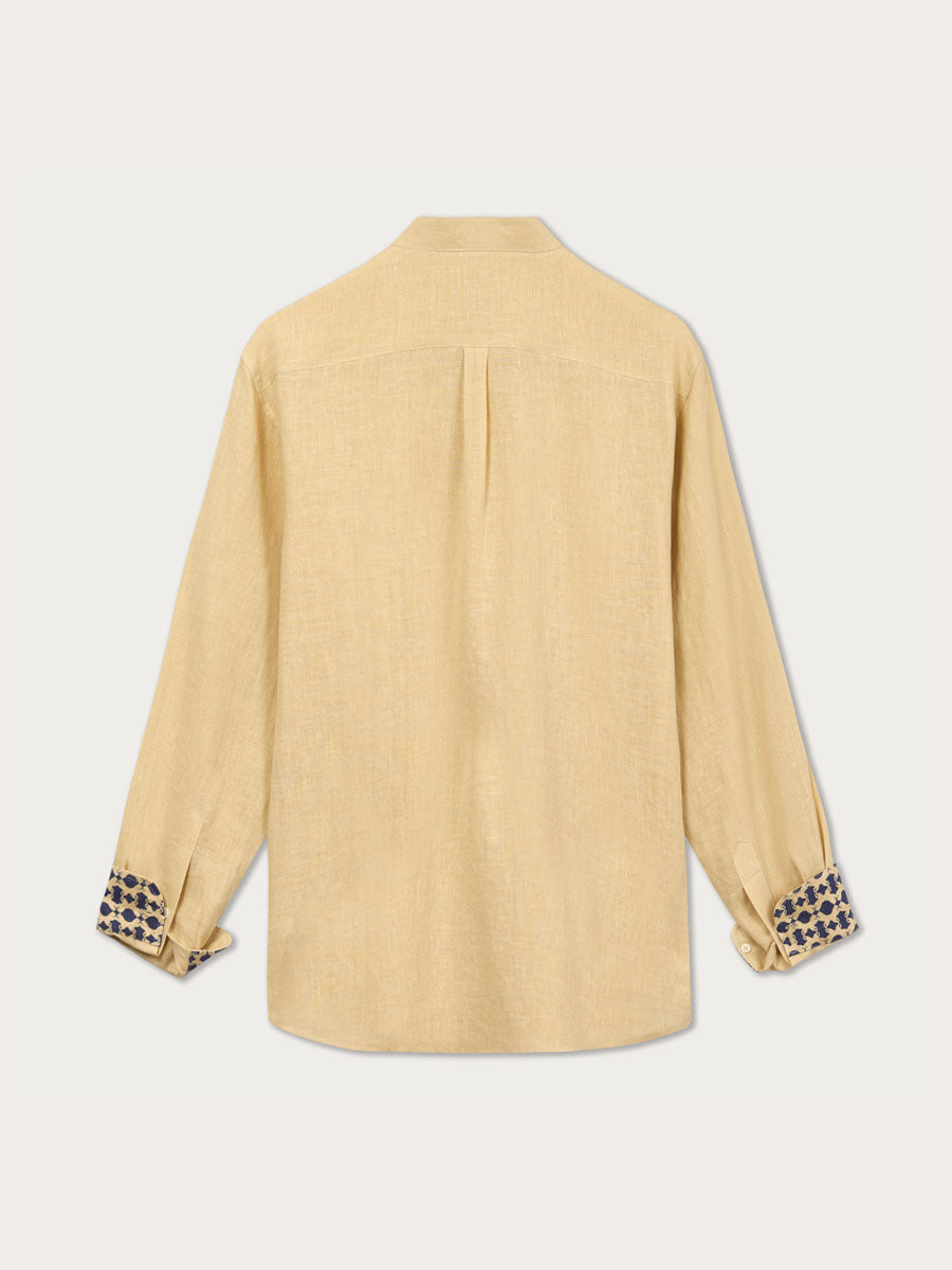 Men's Eye of The Tiger Maycock Linen Shirt in beige, back view showing long sleeves and cuffs with distinctive tiger print. Old money shirts made from 100% linen.