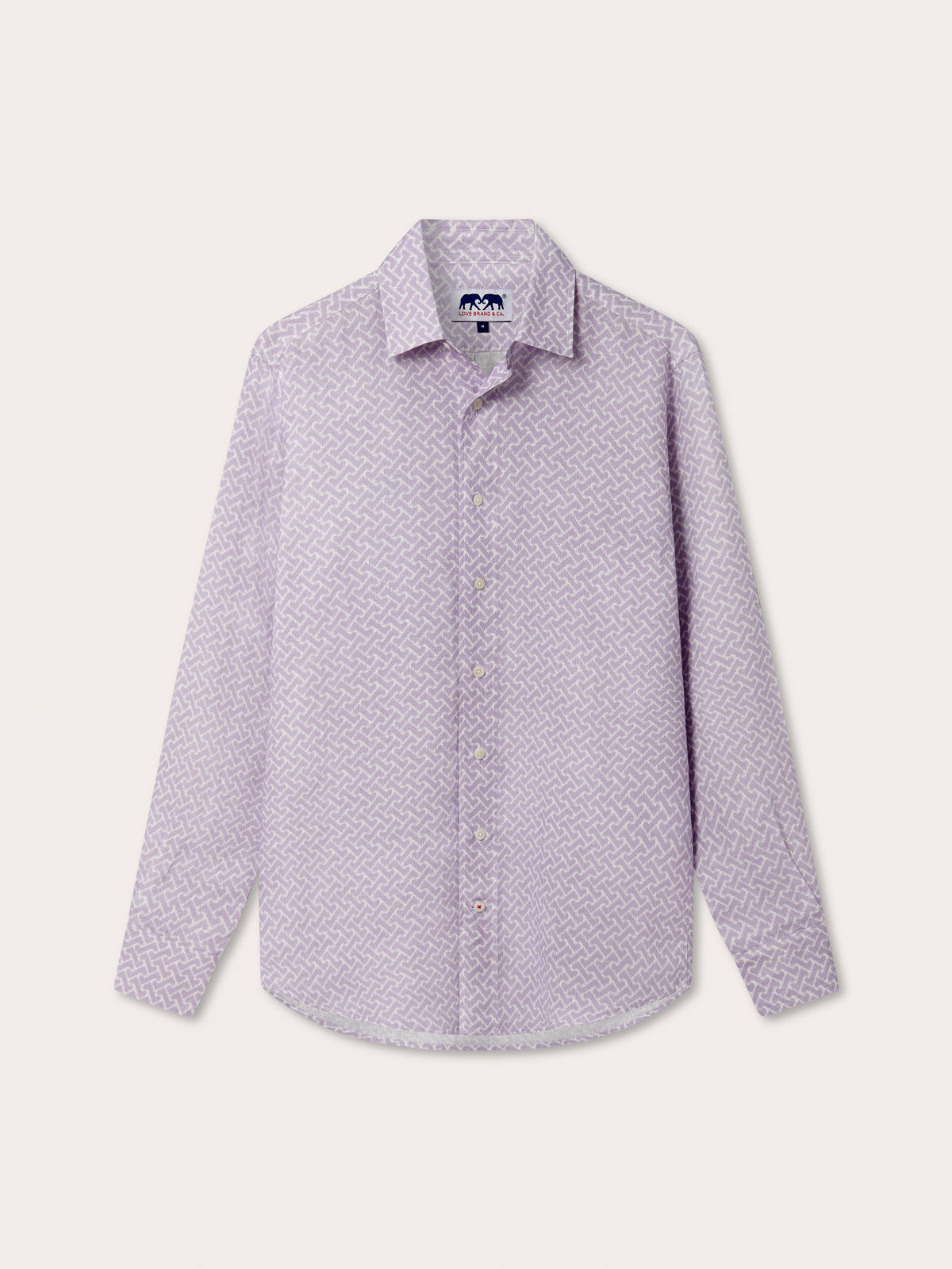 Men's Crazy Maze Abaco Linen Shirt. Long-sleeved, button-up white and purple patterned linen shirt.