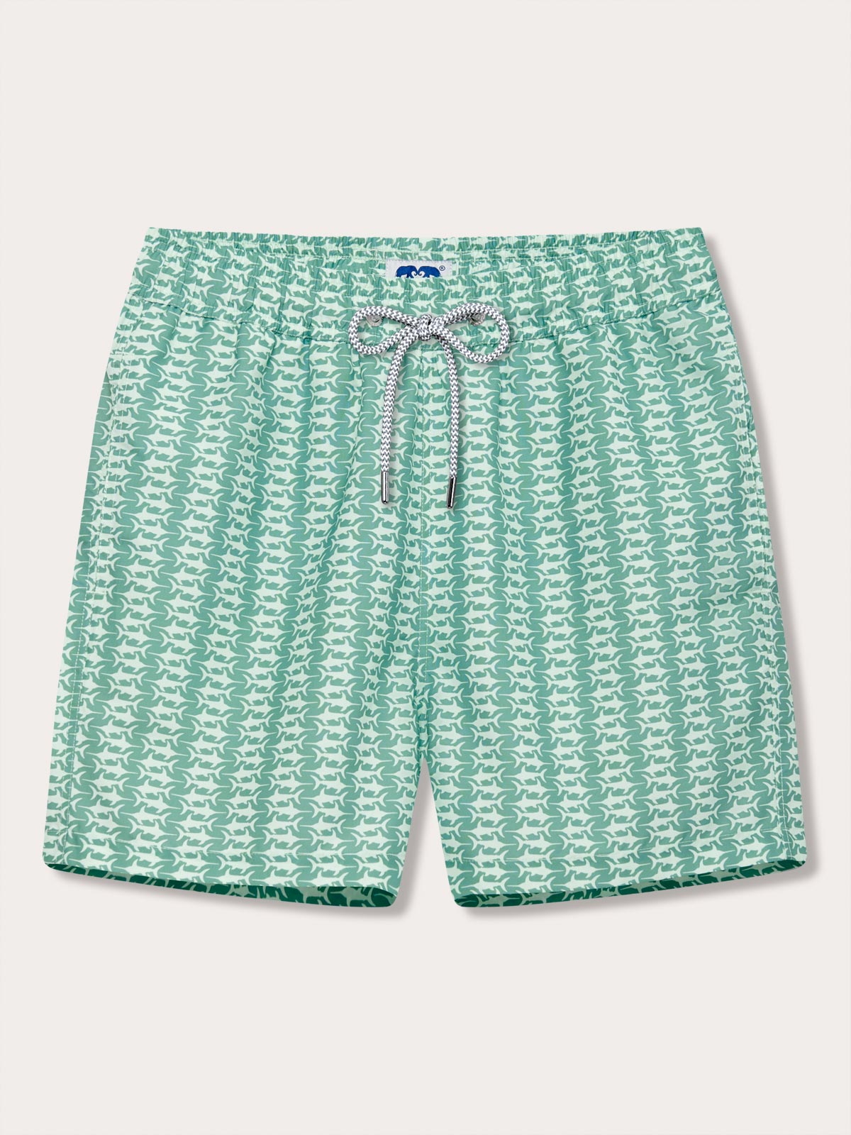 Men's Angarde Staniel Swim Shorts with swordfish print in green tones. Patterned swim shorts made from quick-dry 100% recycled materials.