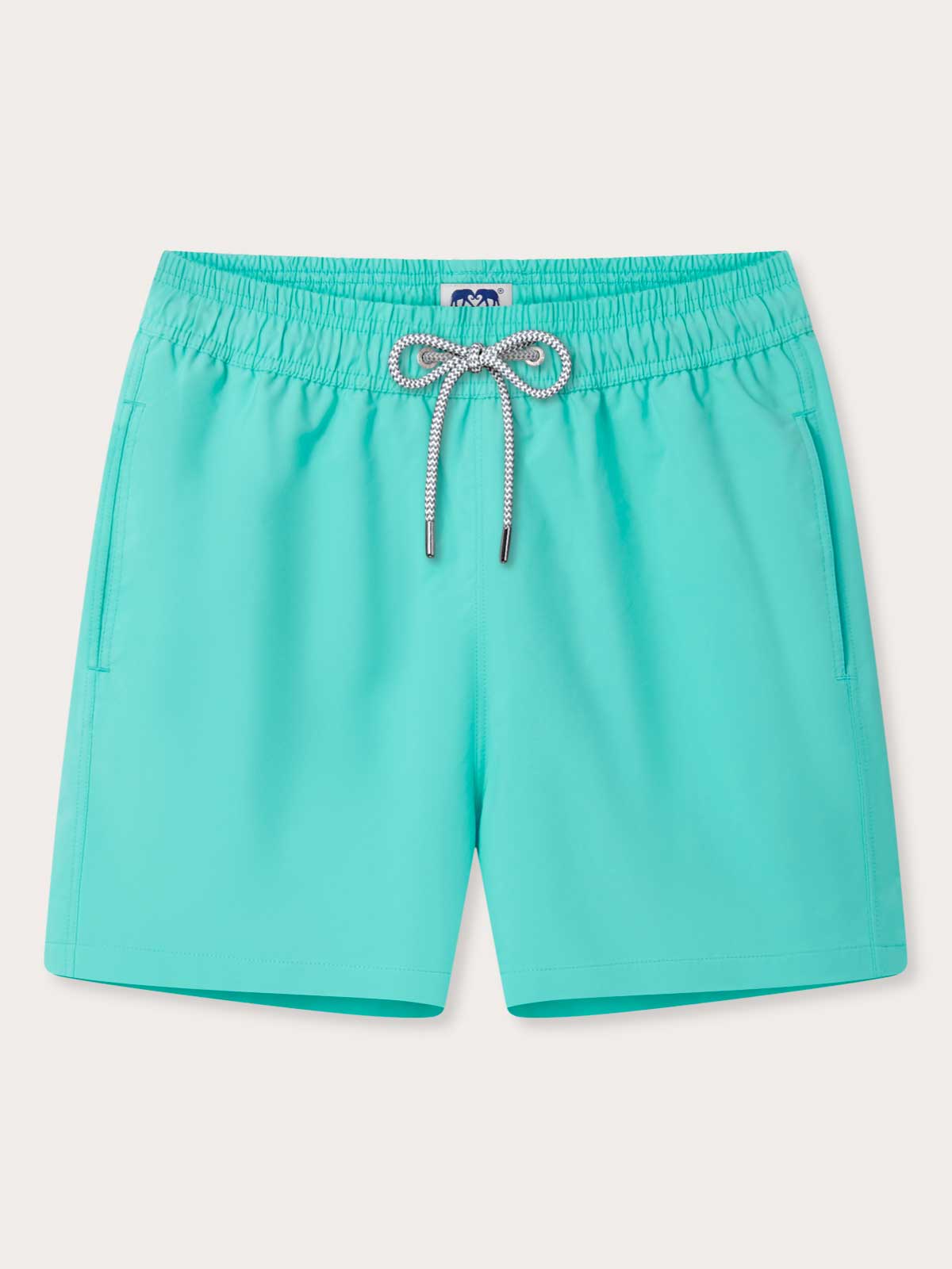 Men's Cay Green Staniel Swim Shorts. Plain green swim shorts front view with a drawstring tie and elasticated waist.