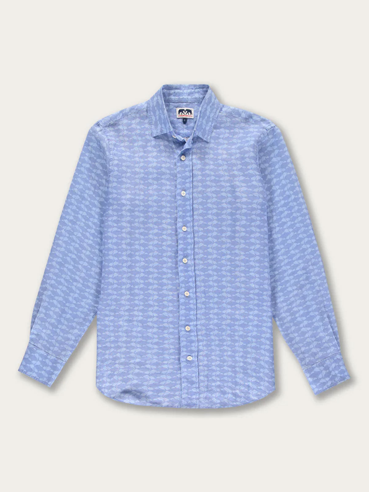 Men's long-sleeved blue linen shirt with tuna fish print.