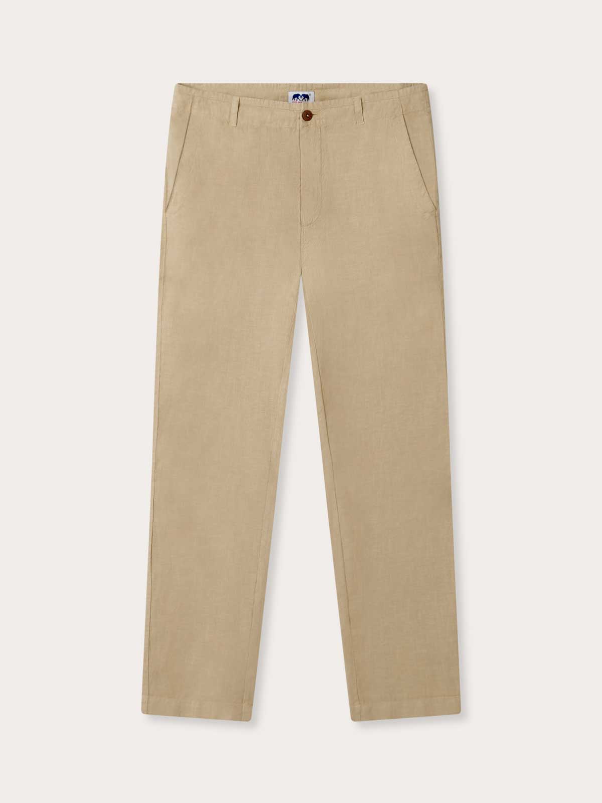 Front view of Men's Coconut Randall Linen Trousers. Beige linen pants with handy pockets.