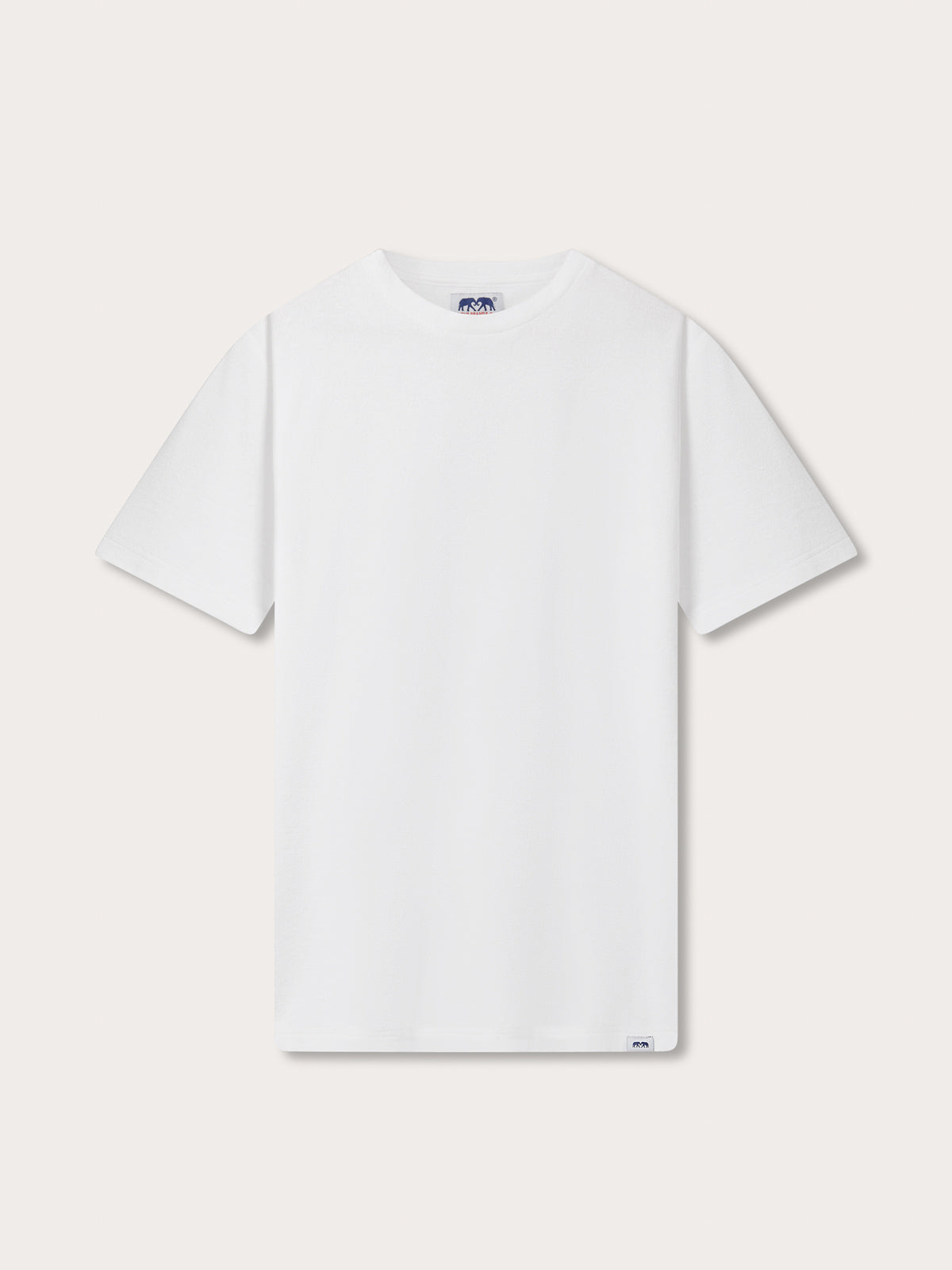 Front view of Men's White Russell Terry T-Shirt. Plain white t-shirt crafted from terry towelling material by LOVE BRAND & Co.