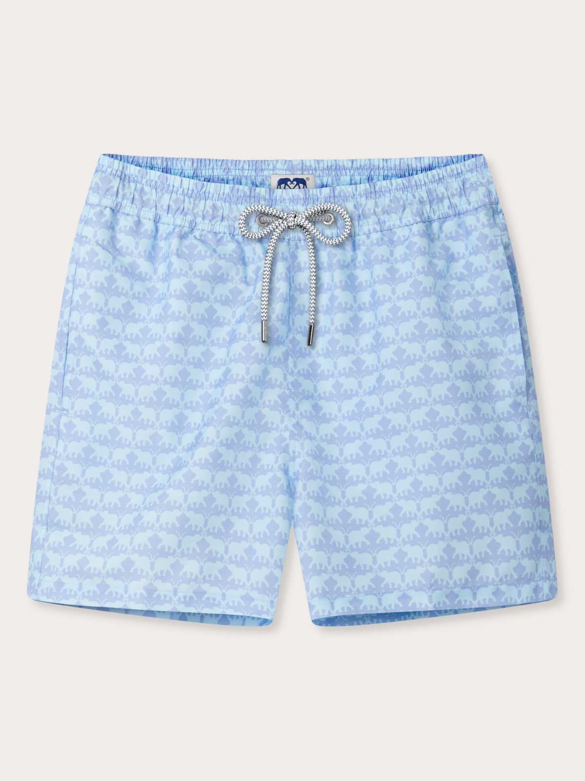 Front view of Men's Elephant Dance Blue Staniel Swim Shorts. Light blue swim shorts with elephant print.