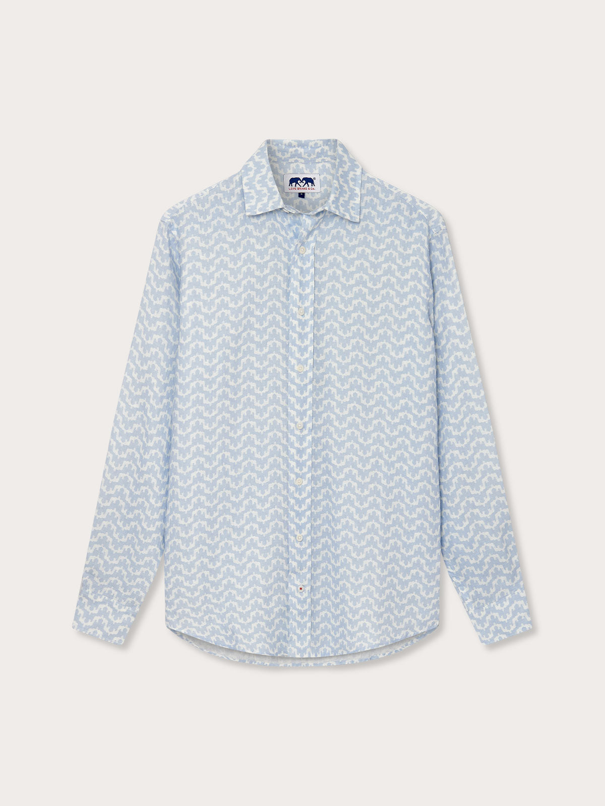 Men's long-sleeve linen shirt with elephant and palace print in light blue and white. Old money shirts made from 100% linen.